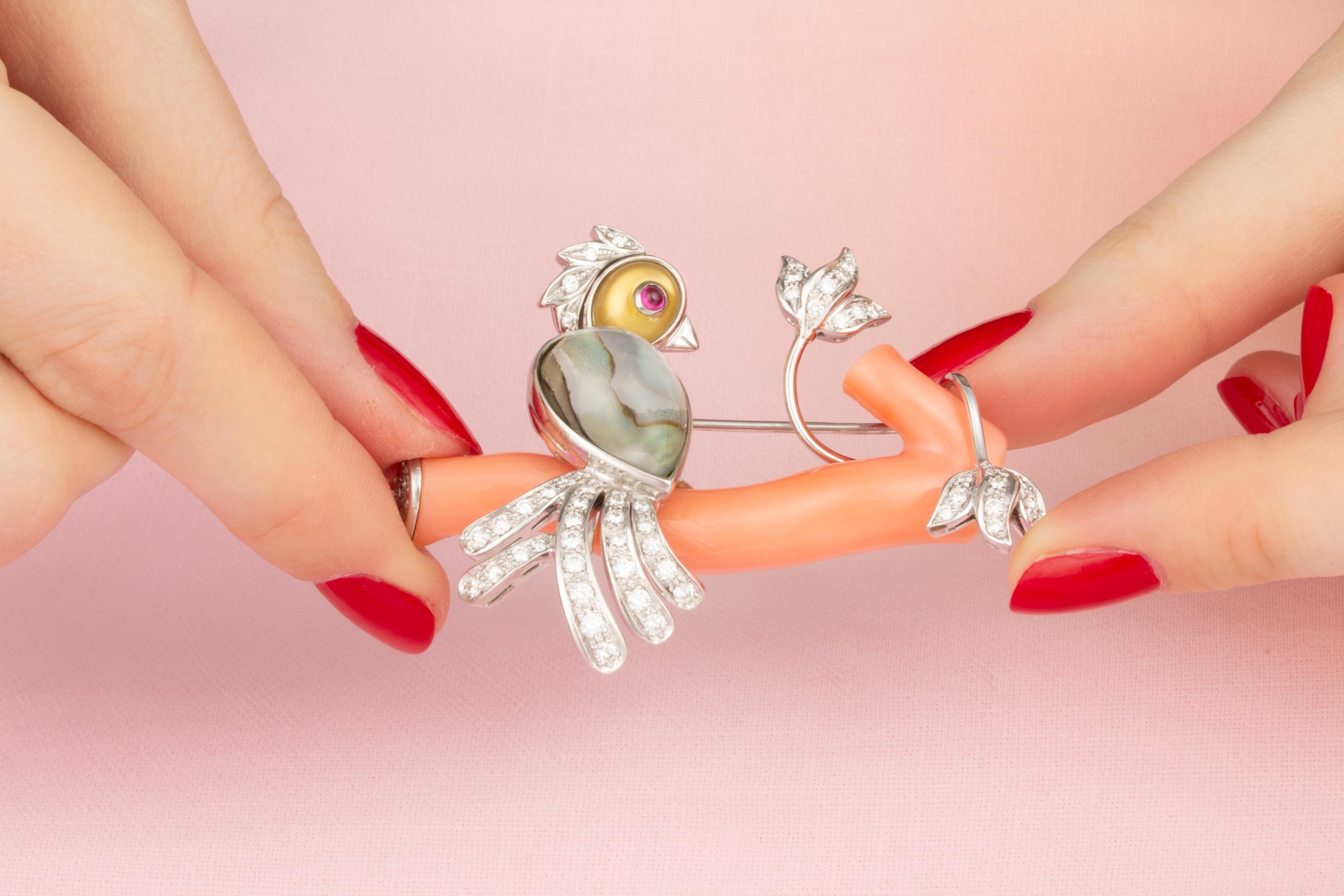 Artist Ella Gafter Love Bird Diamond Brooch Pin For Sale