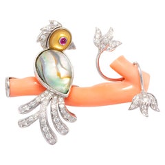 Love Bird Brooch Pin with Coral and Diamonds Design by Ella Gafter