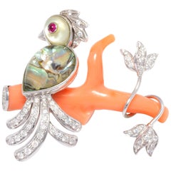 Love Bird Brooch Pin with Coral and Diamonds Design by Ella Gafter