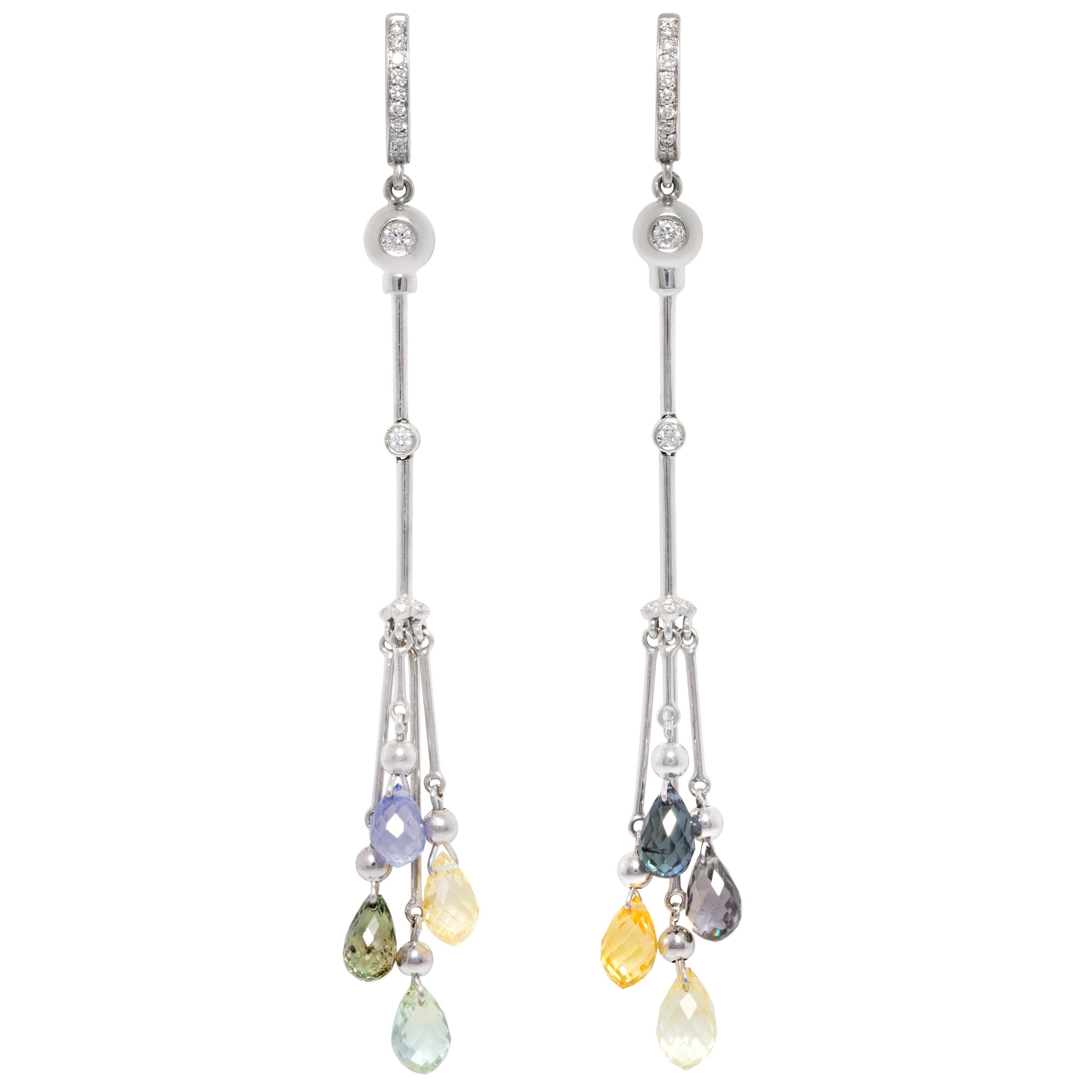 Multicolor Sapphire Briolette Diamond Drop Earrings Design by Ella Gafter