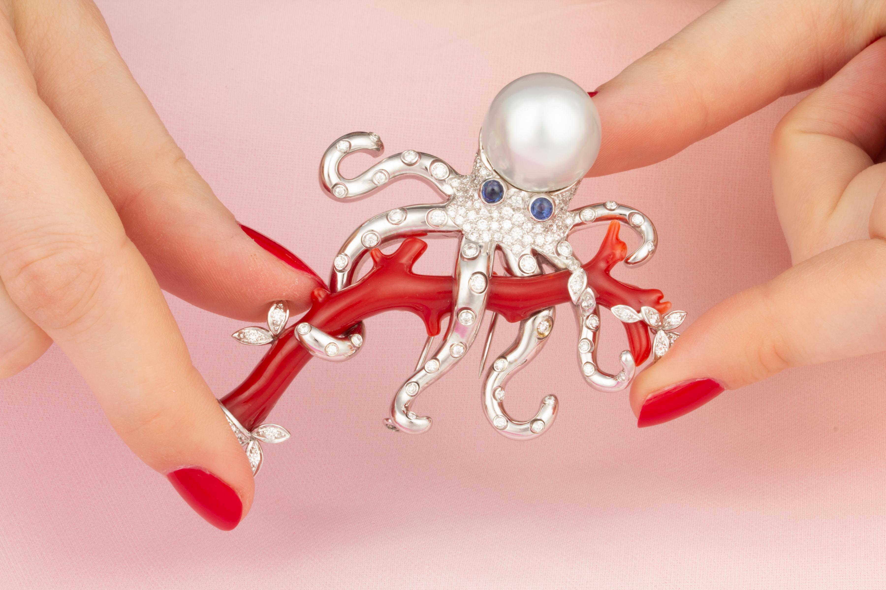 Alfiler Broche Pulpo Diamantes Coral Perla del Mar del Sur Diseño de Ella Gafter Corte brillante en venta