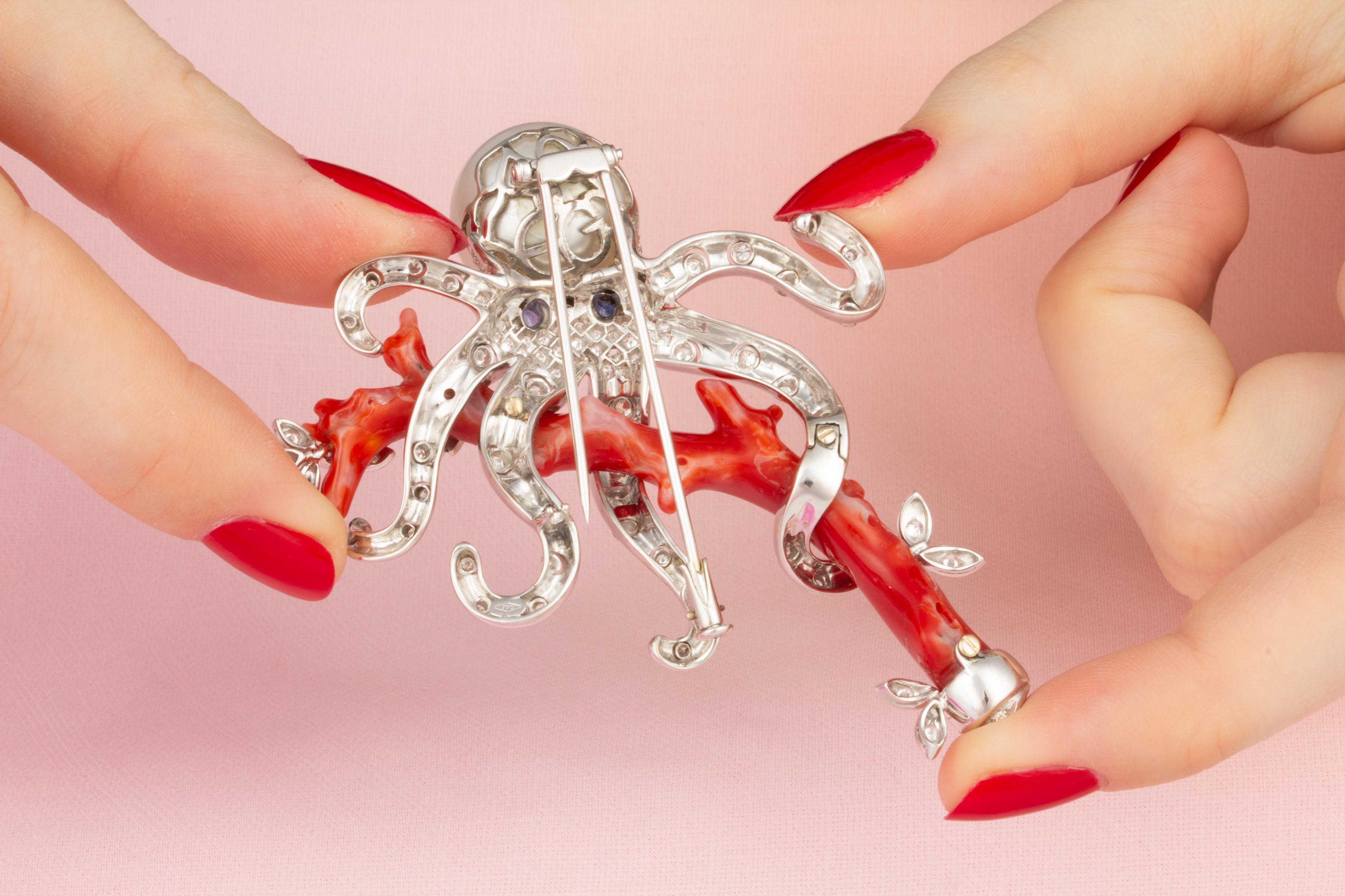 Brilliant Cut Ella Gafter Diamonds Octopus Coral Brooch Pin Coral For Sale