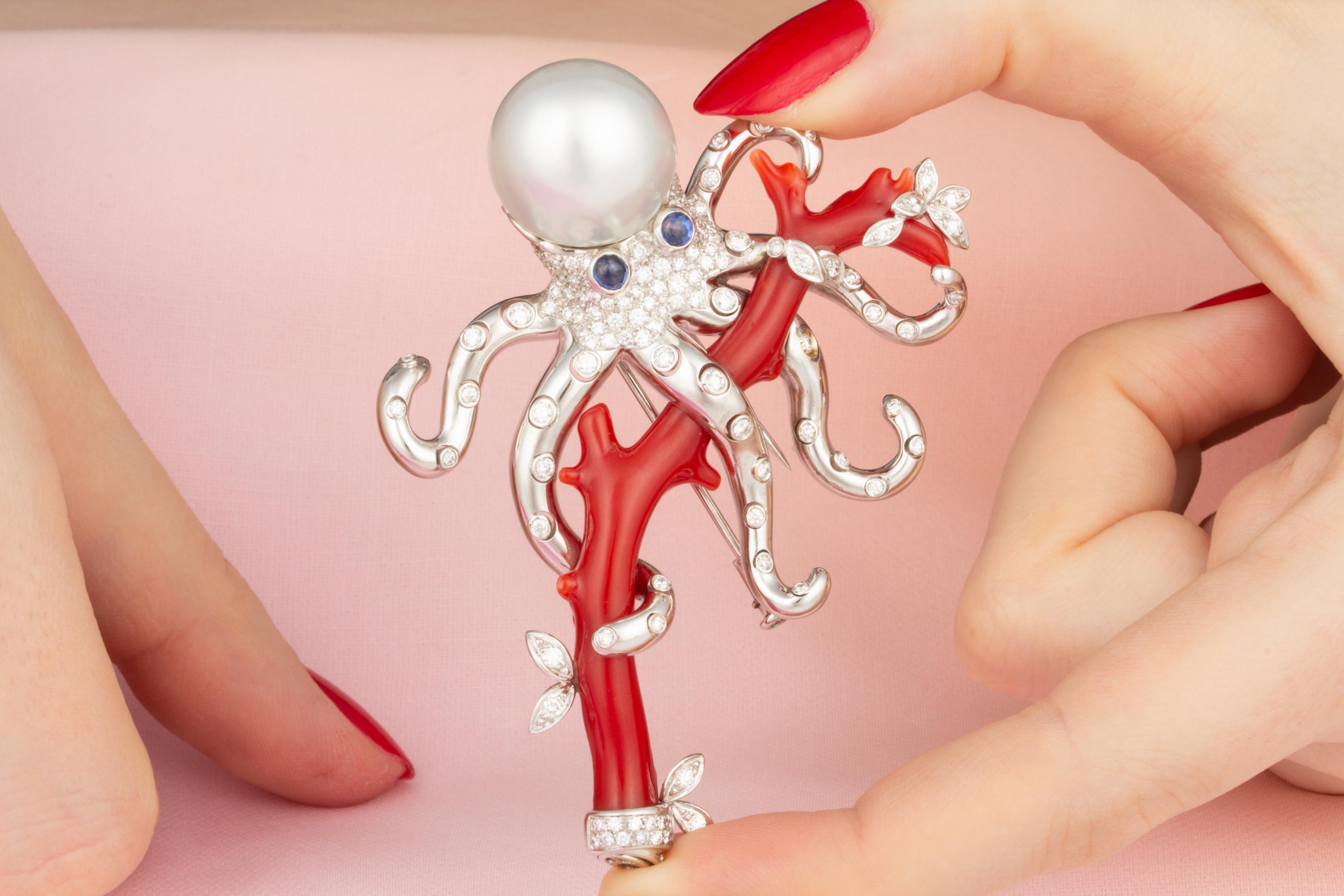 Ella Gafter Diamonds Octopus Coral Brooch Pin Coral In New Condition For Sale In New York, NY