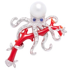 Broche octope en diamants, corail et perles des mers du Sud d'Ella Gafter