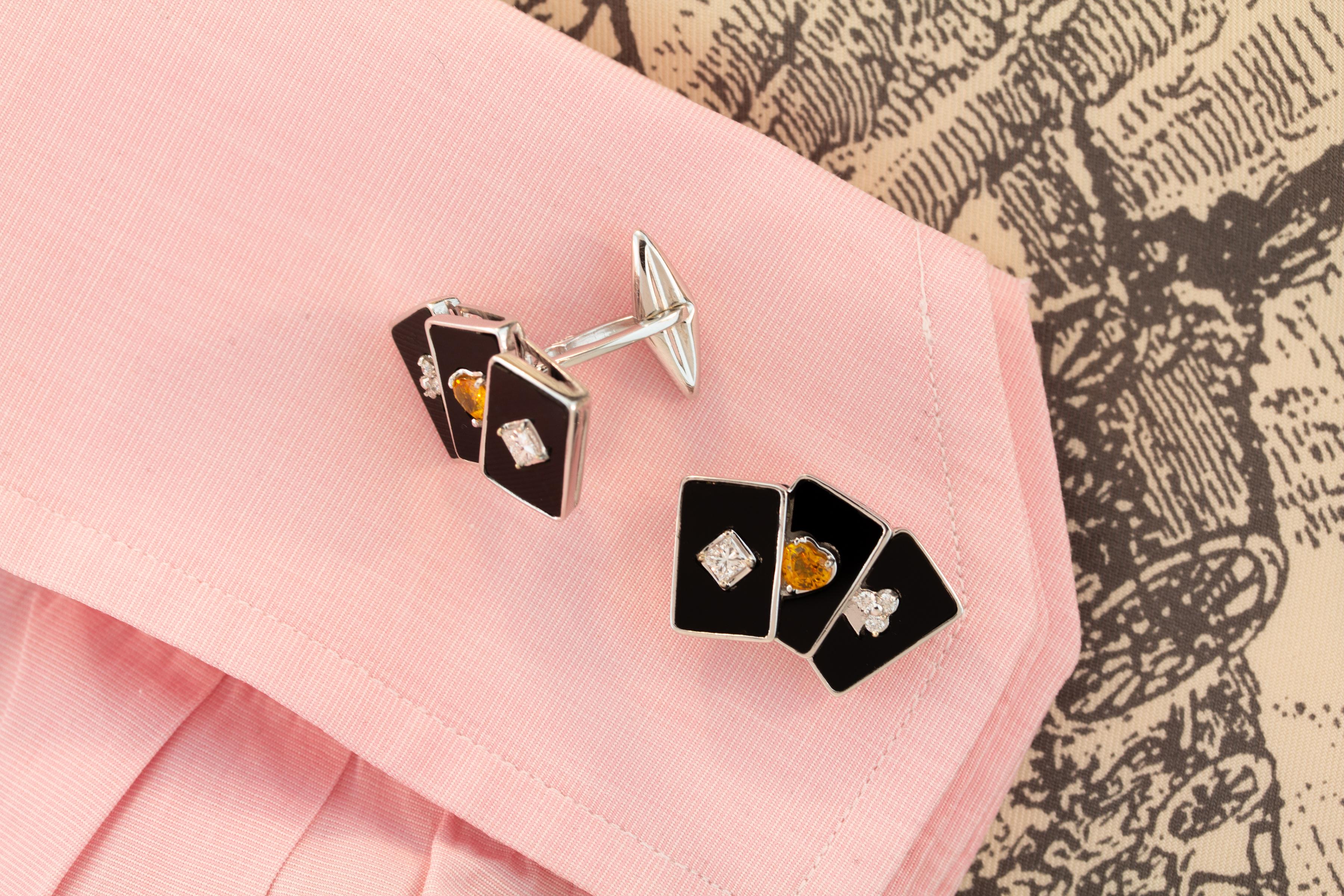 Heart Cut Ella Gafter Diamond Onyx Card Cufflinks For Sale