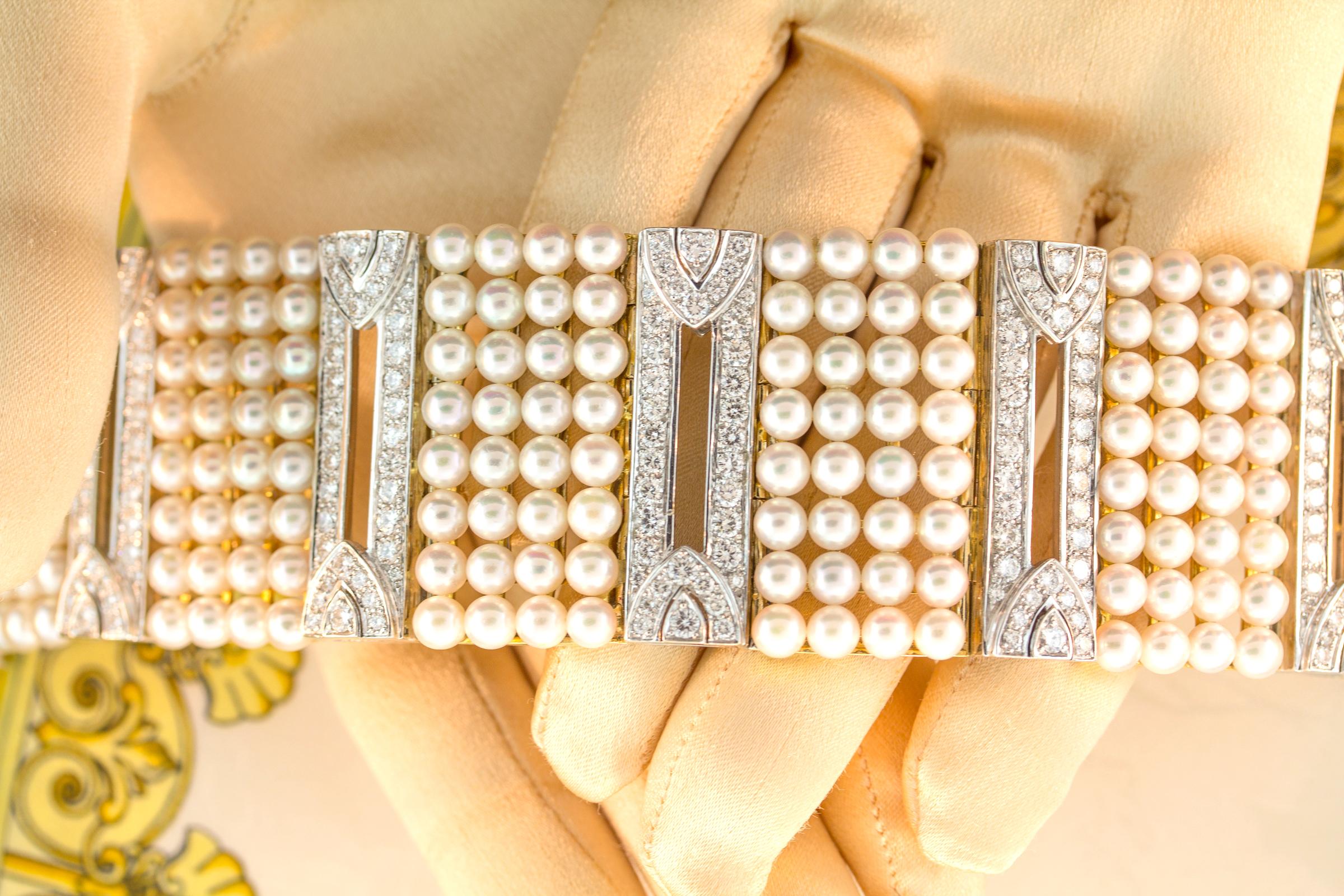 Brilliant Cut Ella Gafter Diamond Pearl Cuff Bracelet For Sale