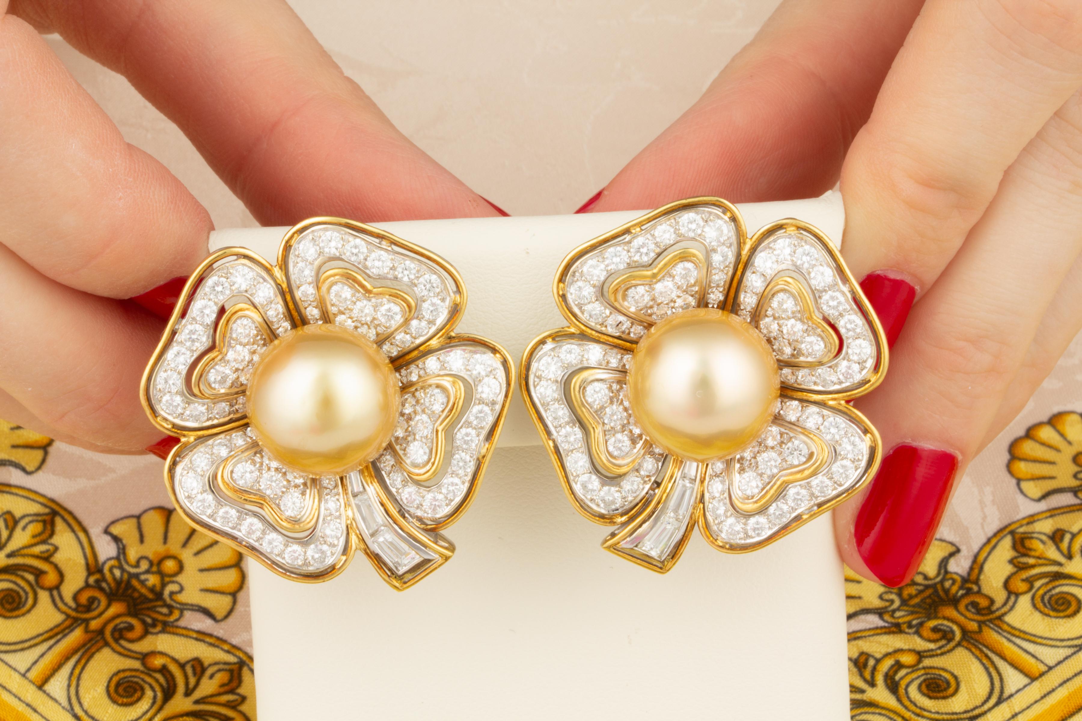 Artist Ella Gafter 14.5mm Golden South Sea Pearl Diamond Earrings For Sale