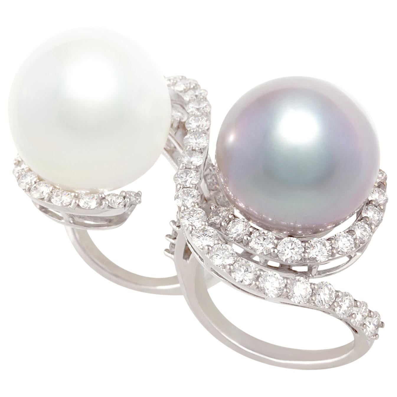 Ella Gafter Two Finger Pearl Diamond Ring For Sale
