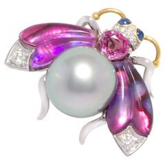 Bee Brooch Pin Diamonds Tahitian Pearl Pink Sapphire Design by Ella Gafter