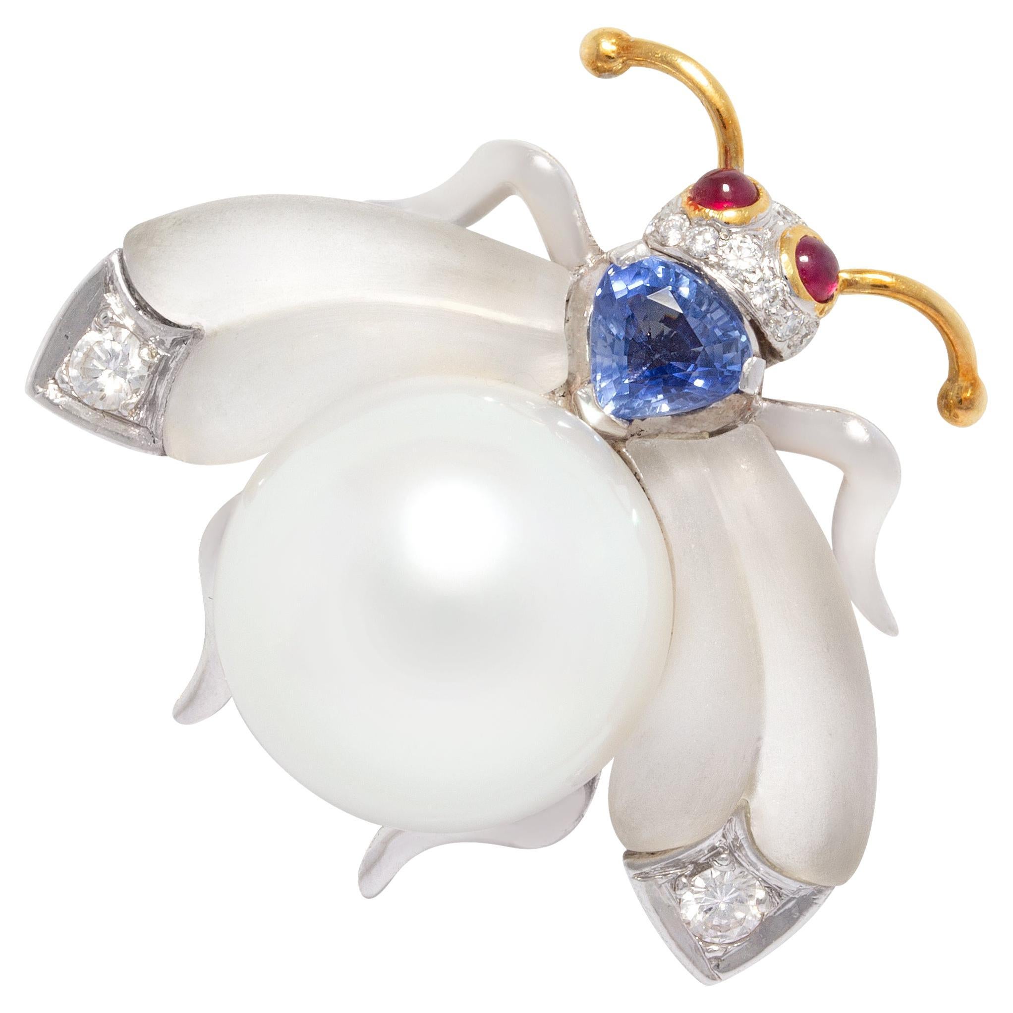 Ella Gafter Pearl Bee Sapphire Brooch Pin  For Sale