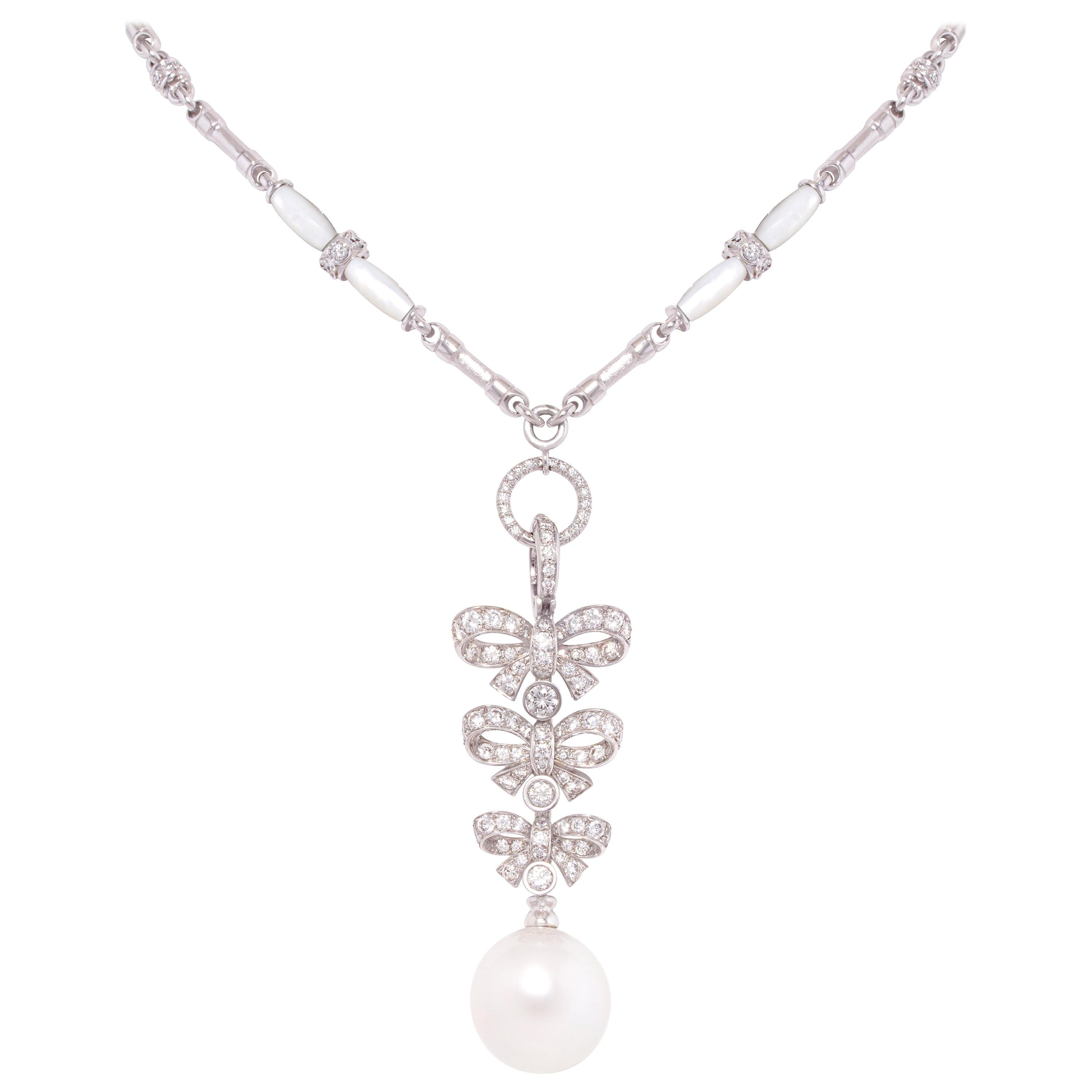 Ella Gafter Pearl Diamond Bow Pendant Necklace For Sale