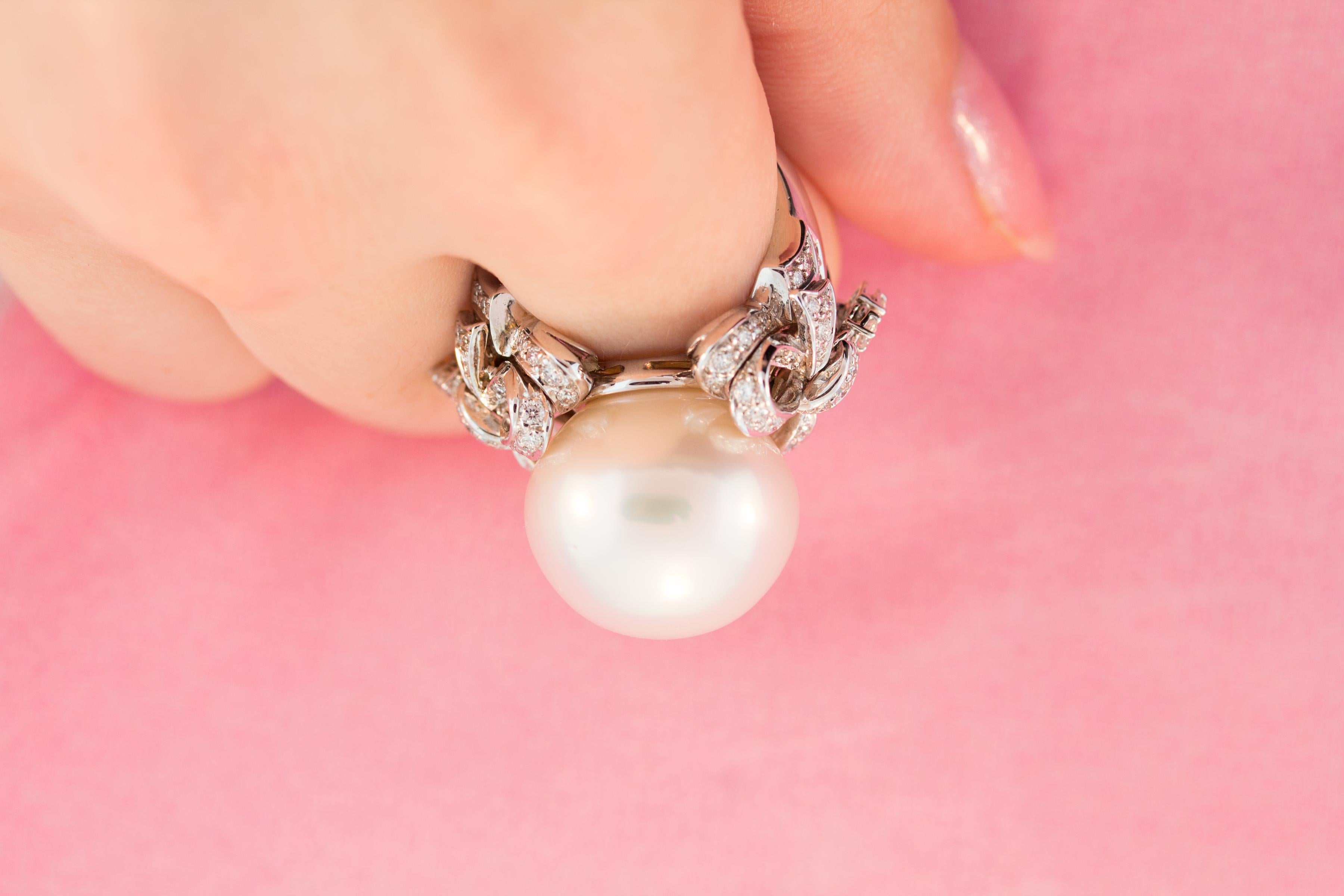 Artist Ella Gafter Pearl Diamond Bow Ring For Sale