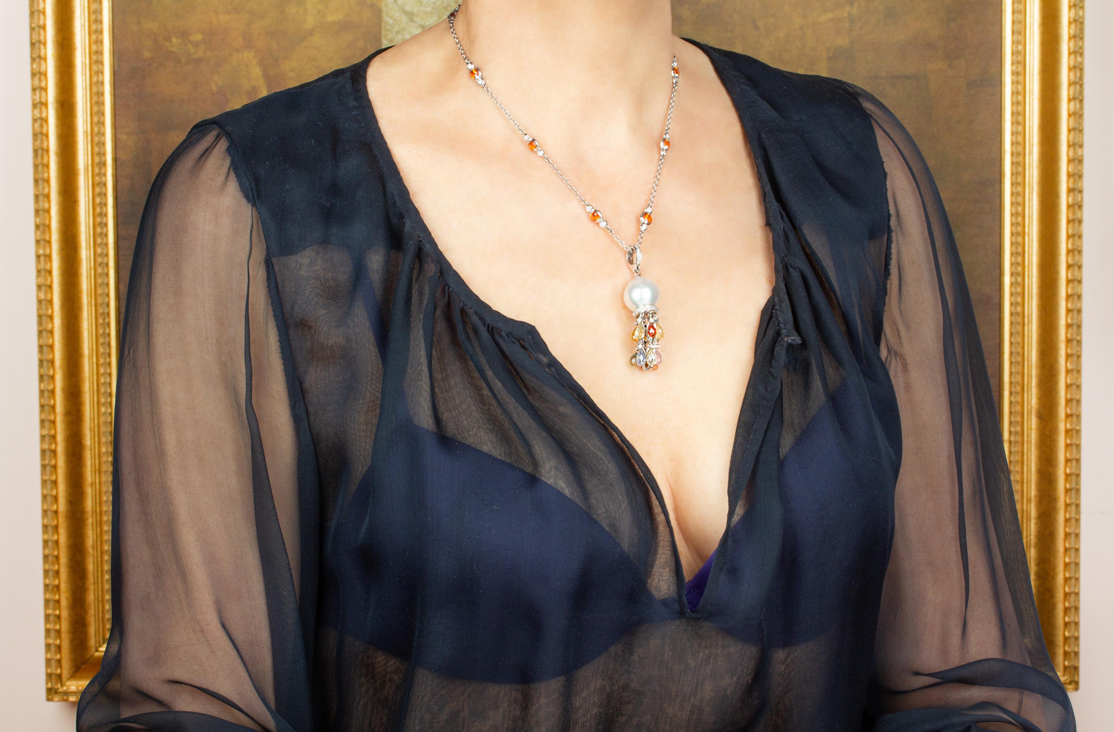 Artist Ella Gafter Diamond Sapphire Pearl Pendant Necklace For Sale