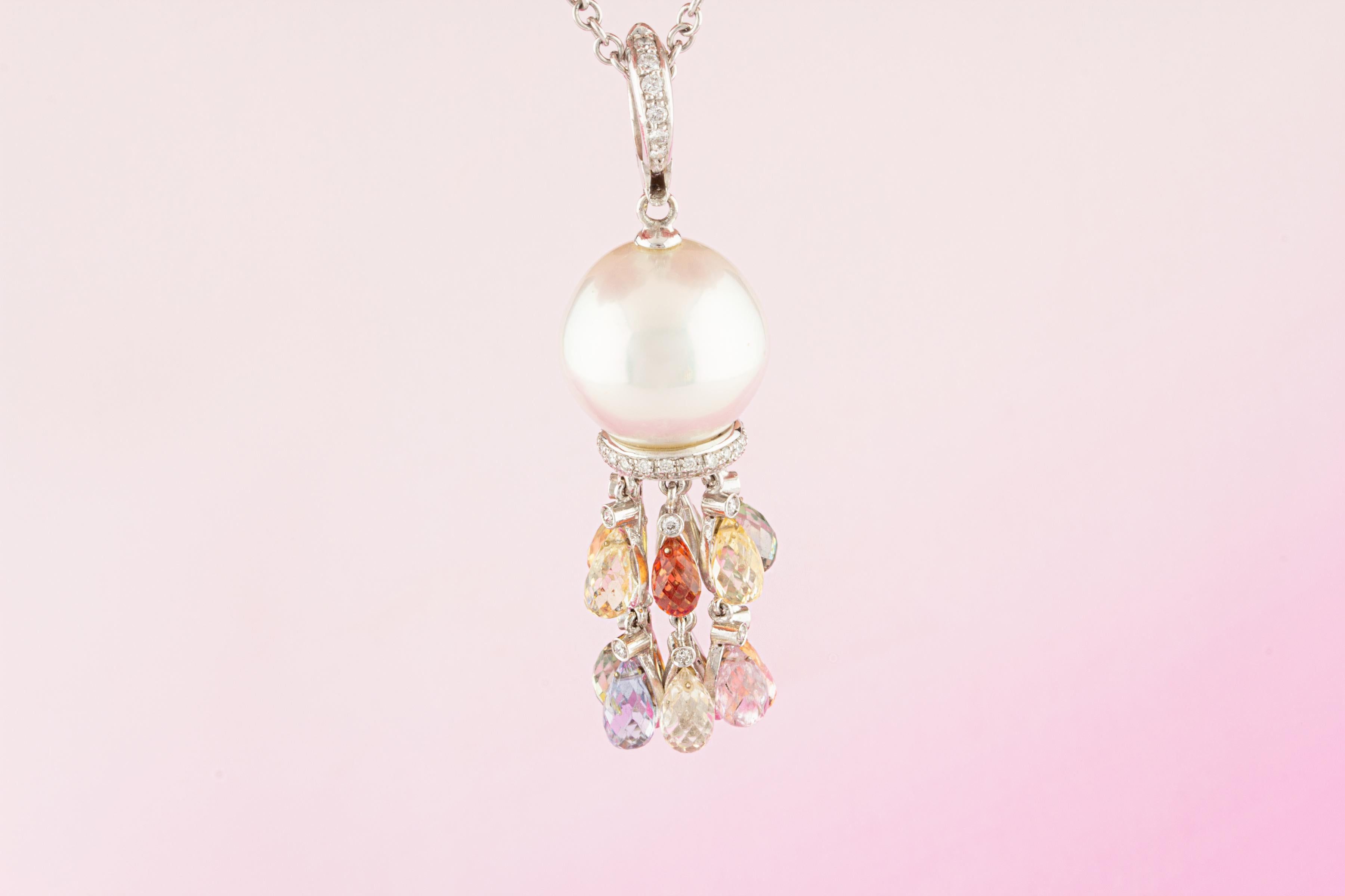 Ella Gafter Diamond Sapphire Pearl Pendant Necklace For Sale 2