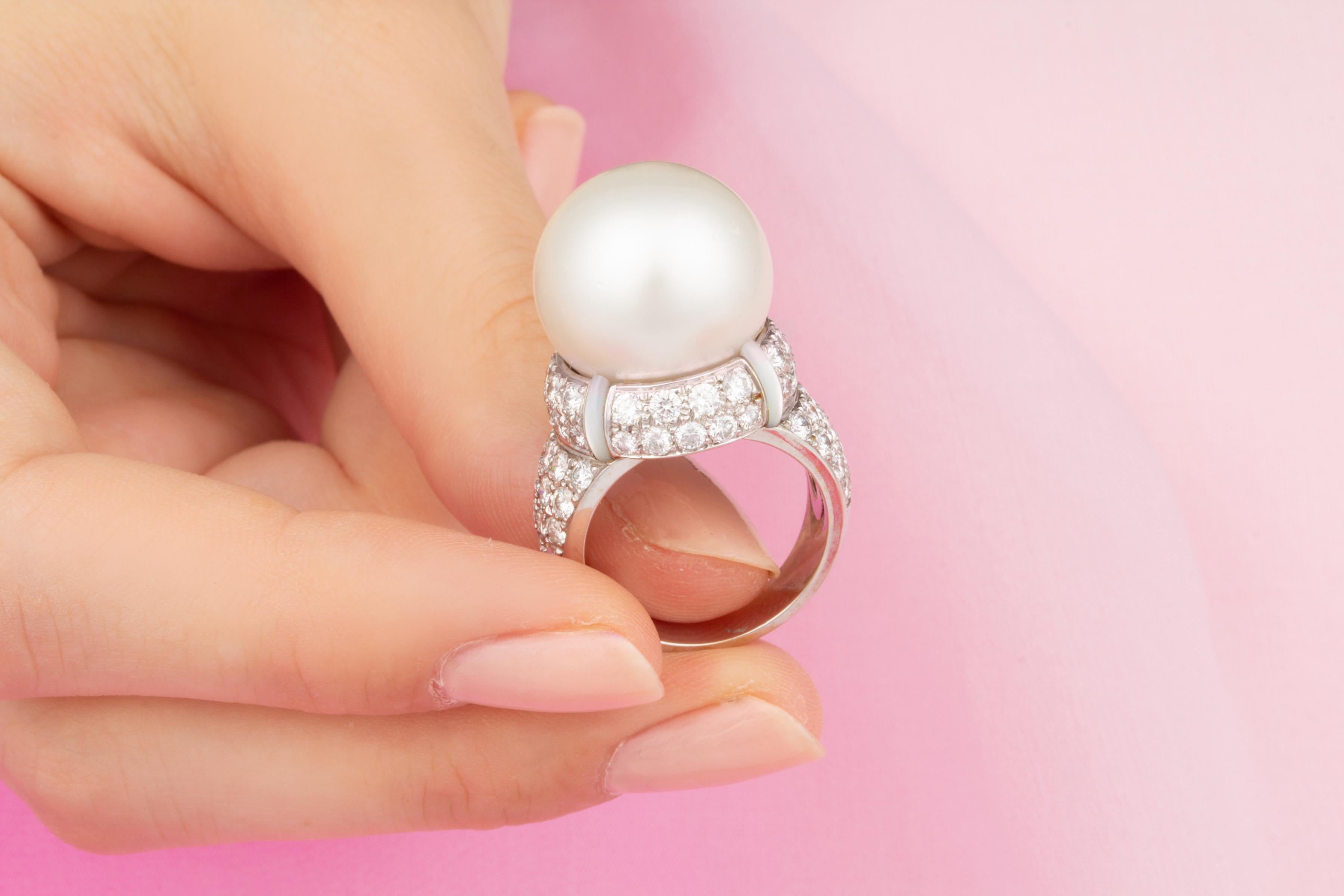 Round Cut Ella Gafter Pearl Diamond Cocktail Ring For Sale