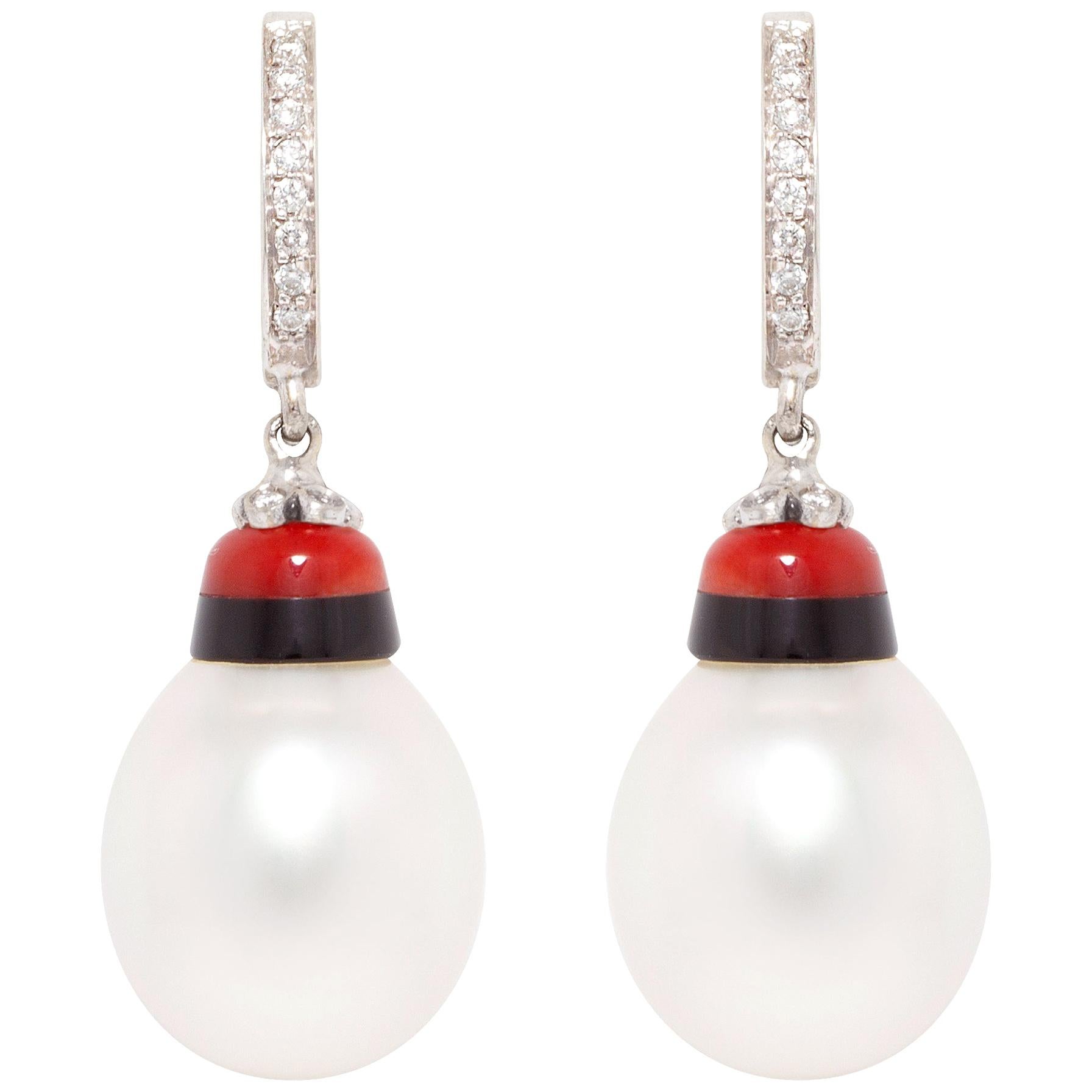 Ella Gafter Art Déco style Pearl Diamond Coral Onyx Drop Earrings For Sale