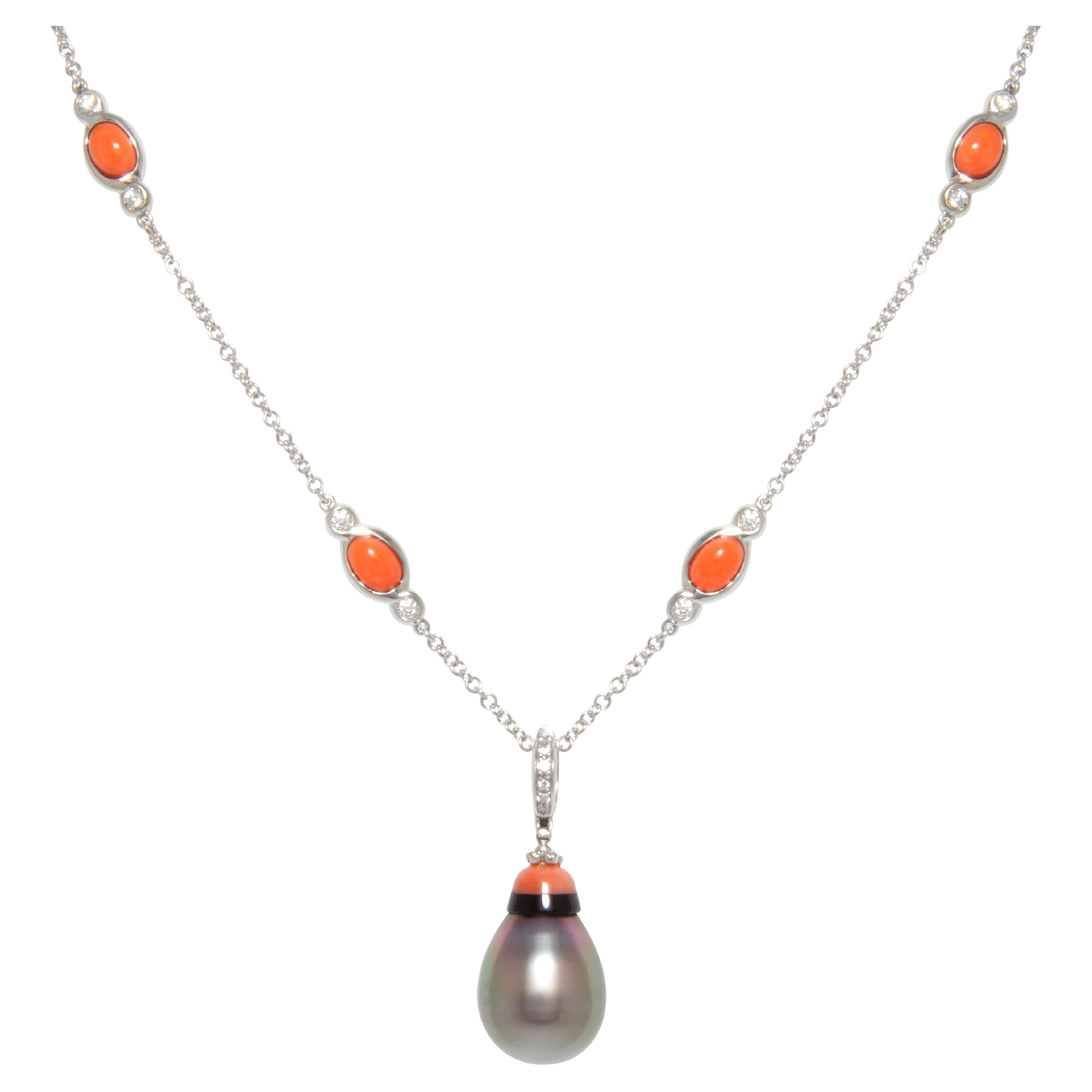 Ella Gafter Pearl Art Déco style Diamond Coral Onyx Pendant Necklace For Sale