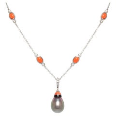 Ella Gafter Pearl Art Déco style Diamond Coral Onyx Pendant Necklace
