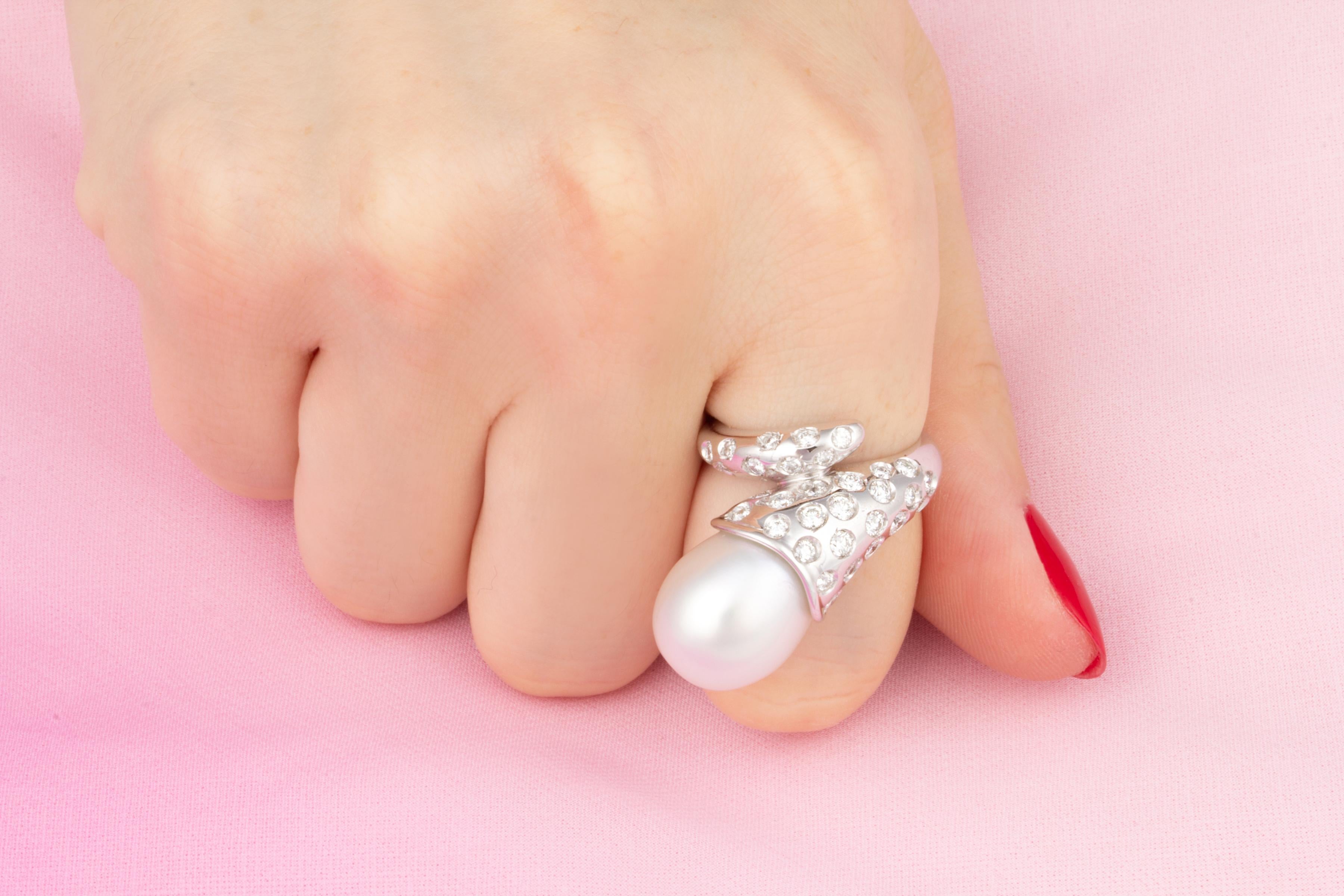Brilliant Cut Ella Gafter Pearl Diamond Cornucopia Cocktail Ring For Sale