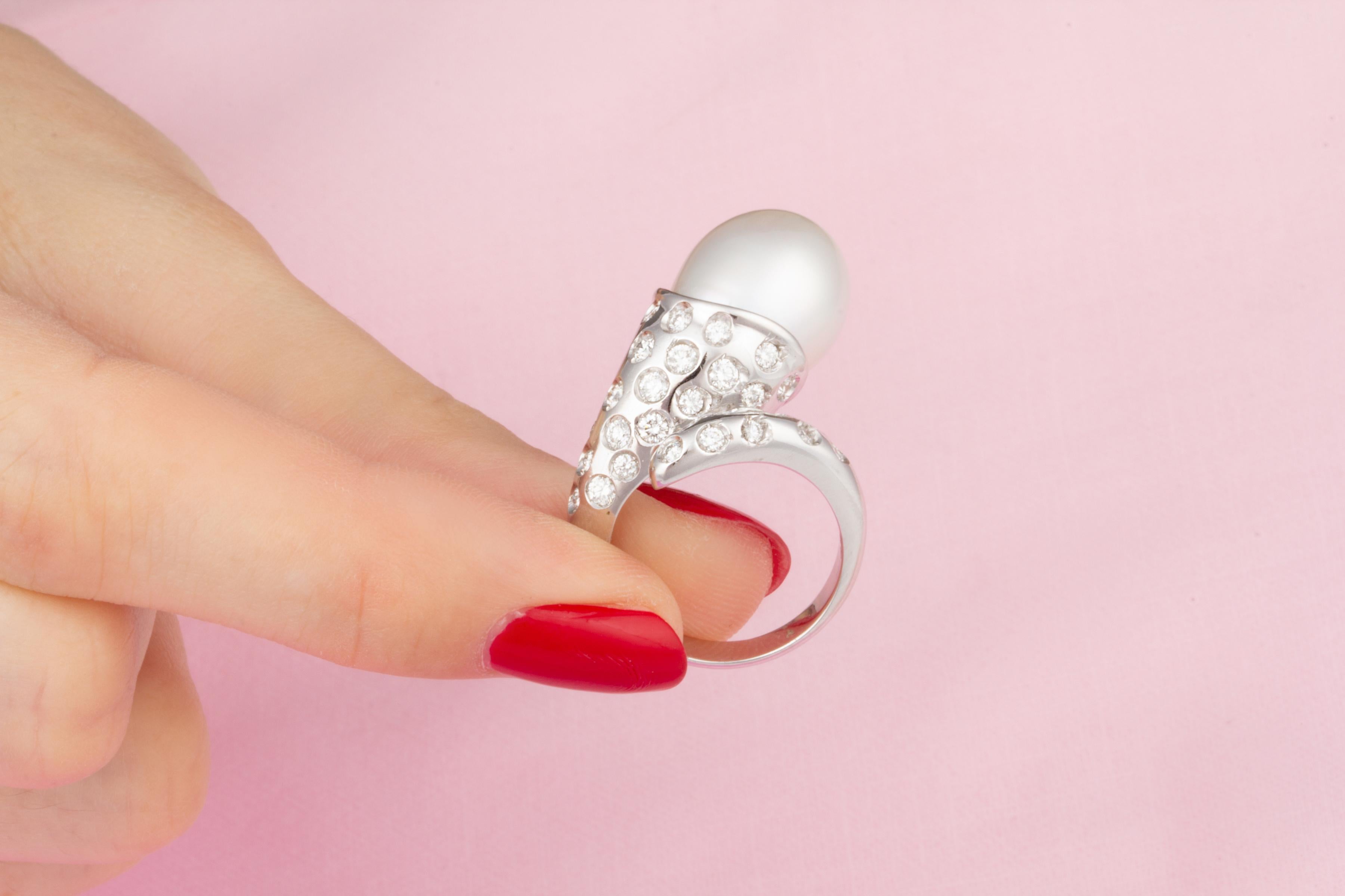 Ella Gafter Pearl Diamond Cornucopia Cocktail Ring For Sale 2