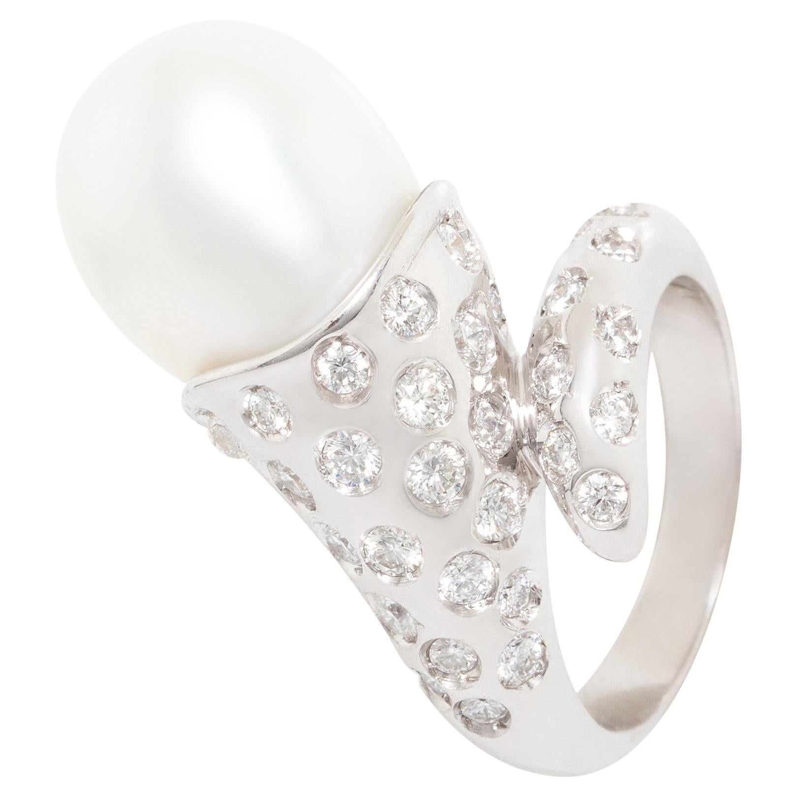 Ella Gafter Pearl Diamond Cornucopia Cocktail Ring For Sale
