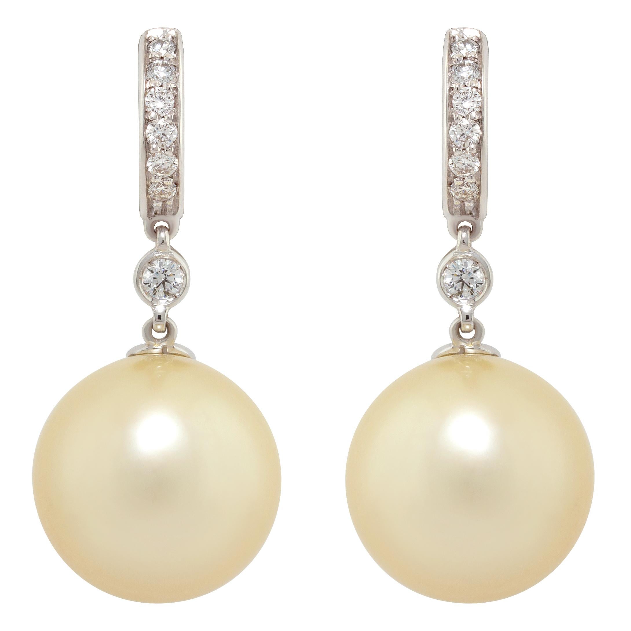 Ella Gafter Pearl Diamond Drop Hoop Earrings For Sale