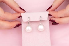 South Sea Pearl 15mm Diamond Hoop Drop Earrings Design by Ella Gafter