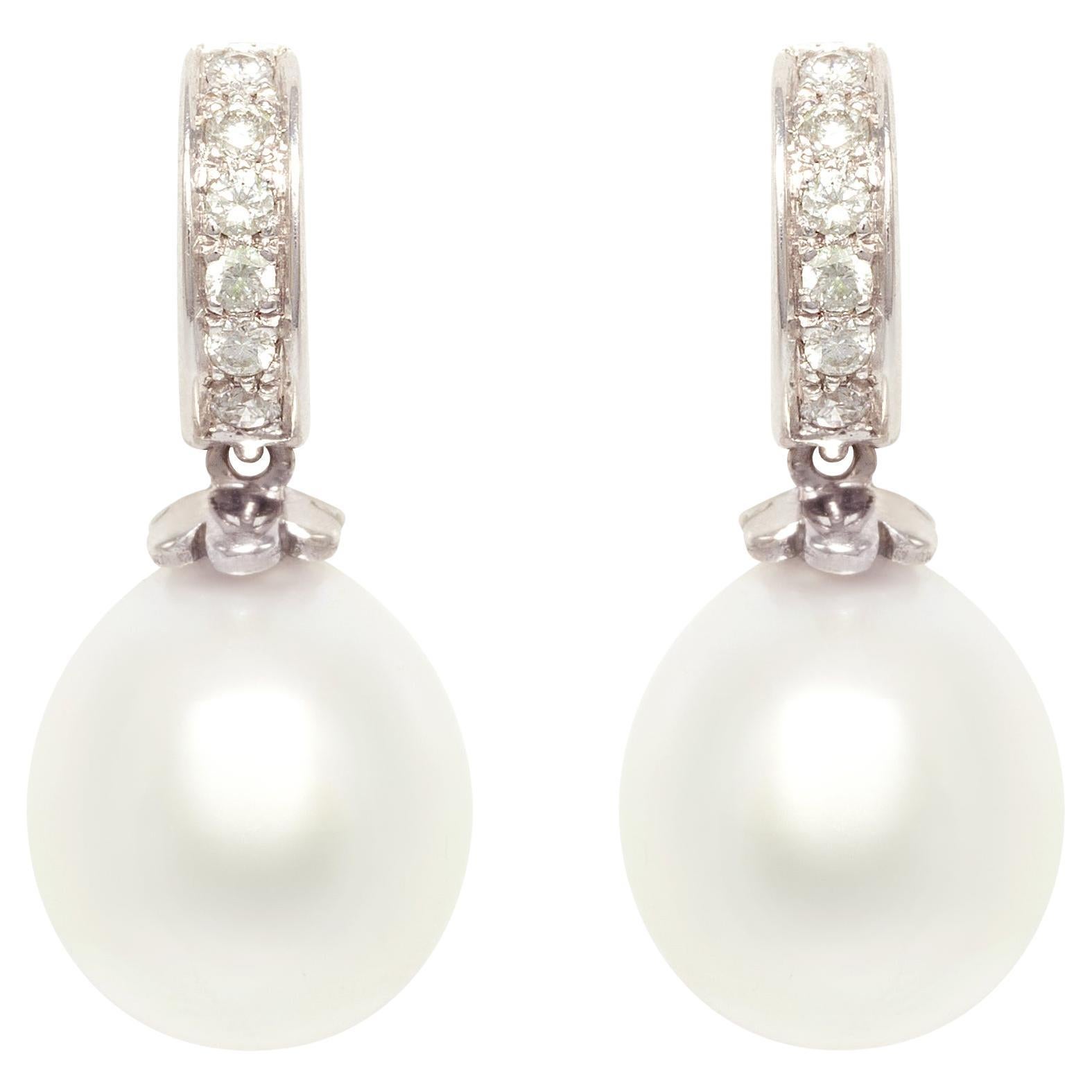 Ella Gafter Pearl Diamond Hoop Drop Earrings For Sale