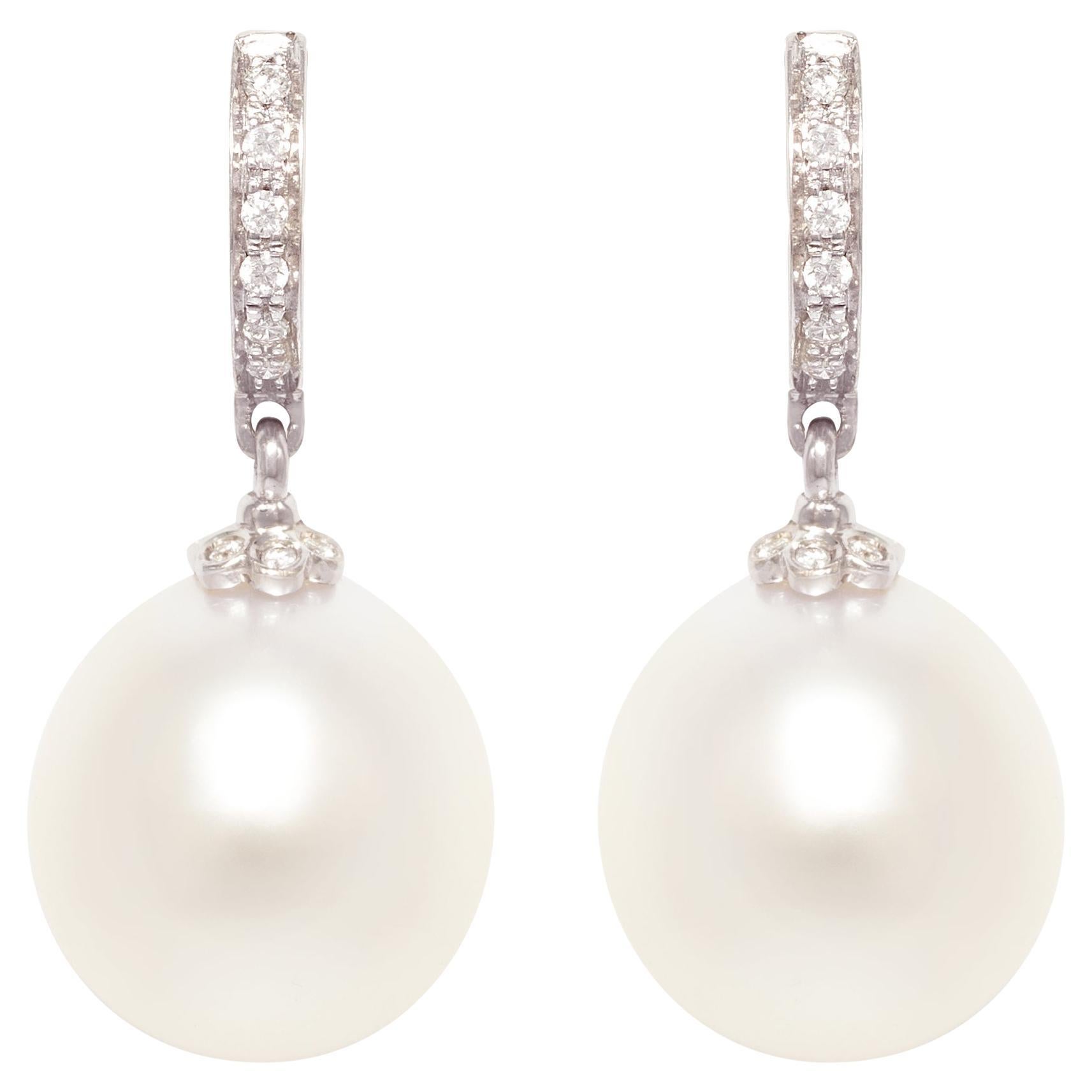 Ella Gafter Pearl Diamond Hoop Drop Earrings For Sale