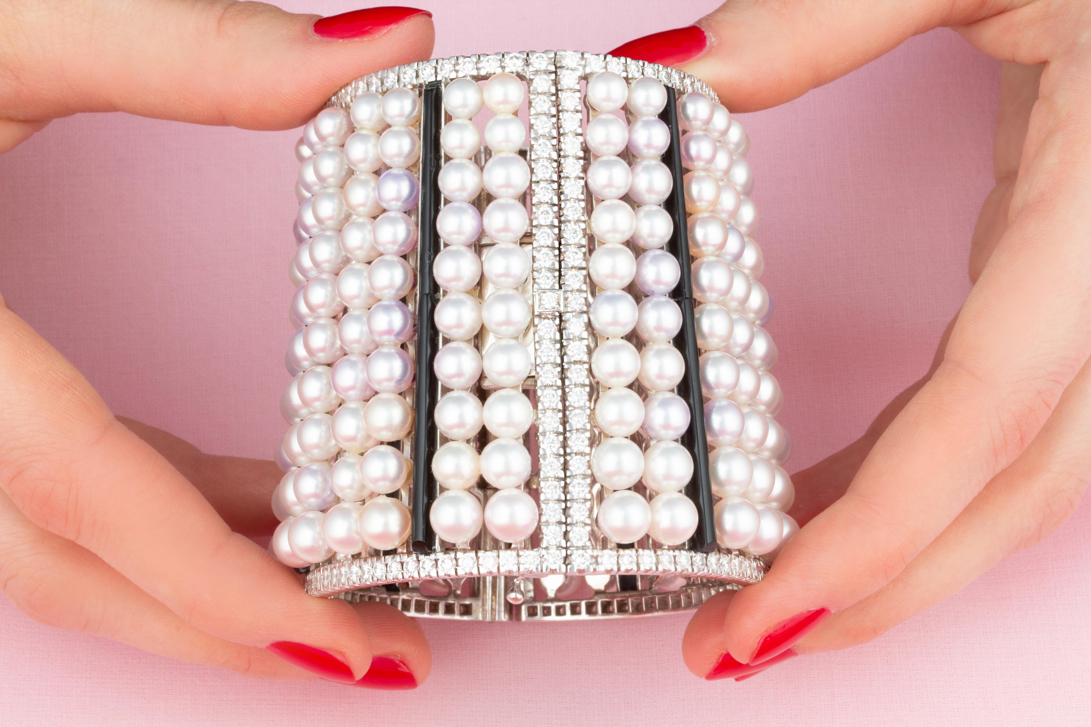 Women's or Men's Ella Gafter Art Déco style Pearl Diamond Onyx Cuff Bracelet For Sale