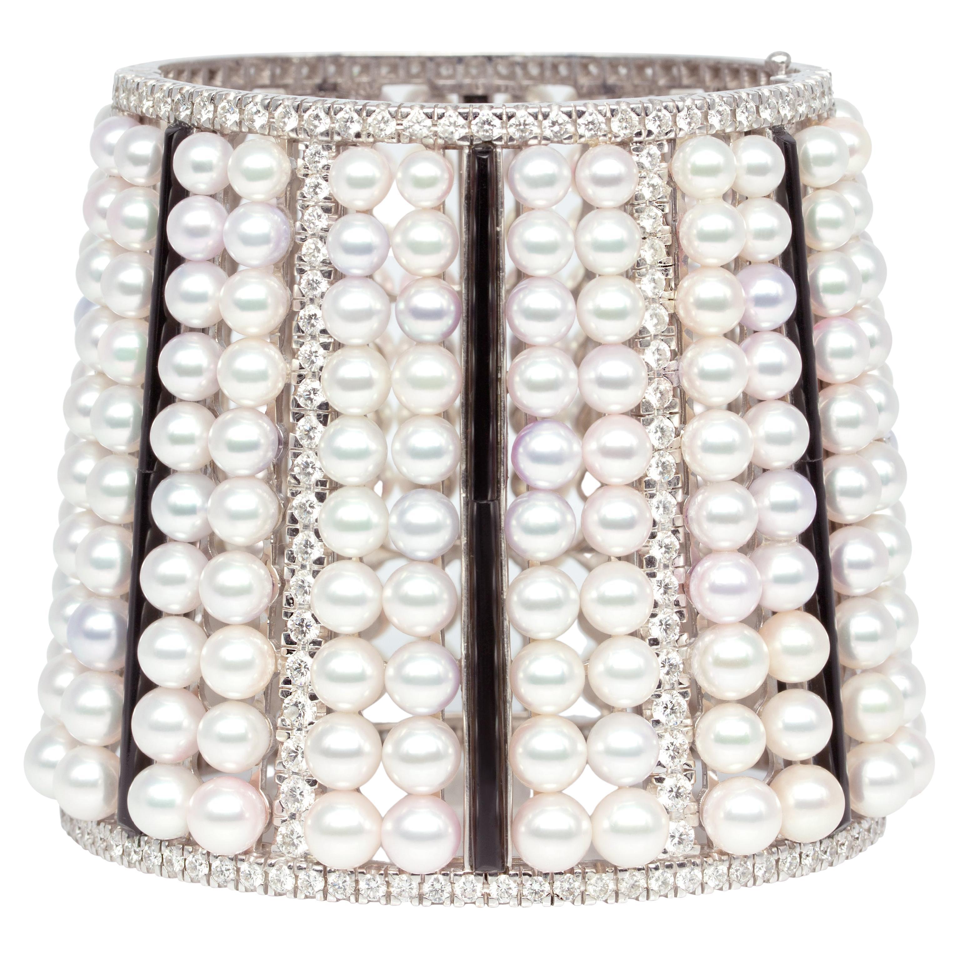 Pearl Diamond Onyx Cuff Bracelet Art Déco Design by Ella Gafter
