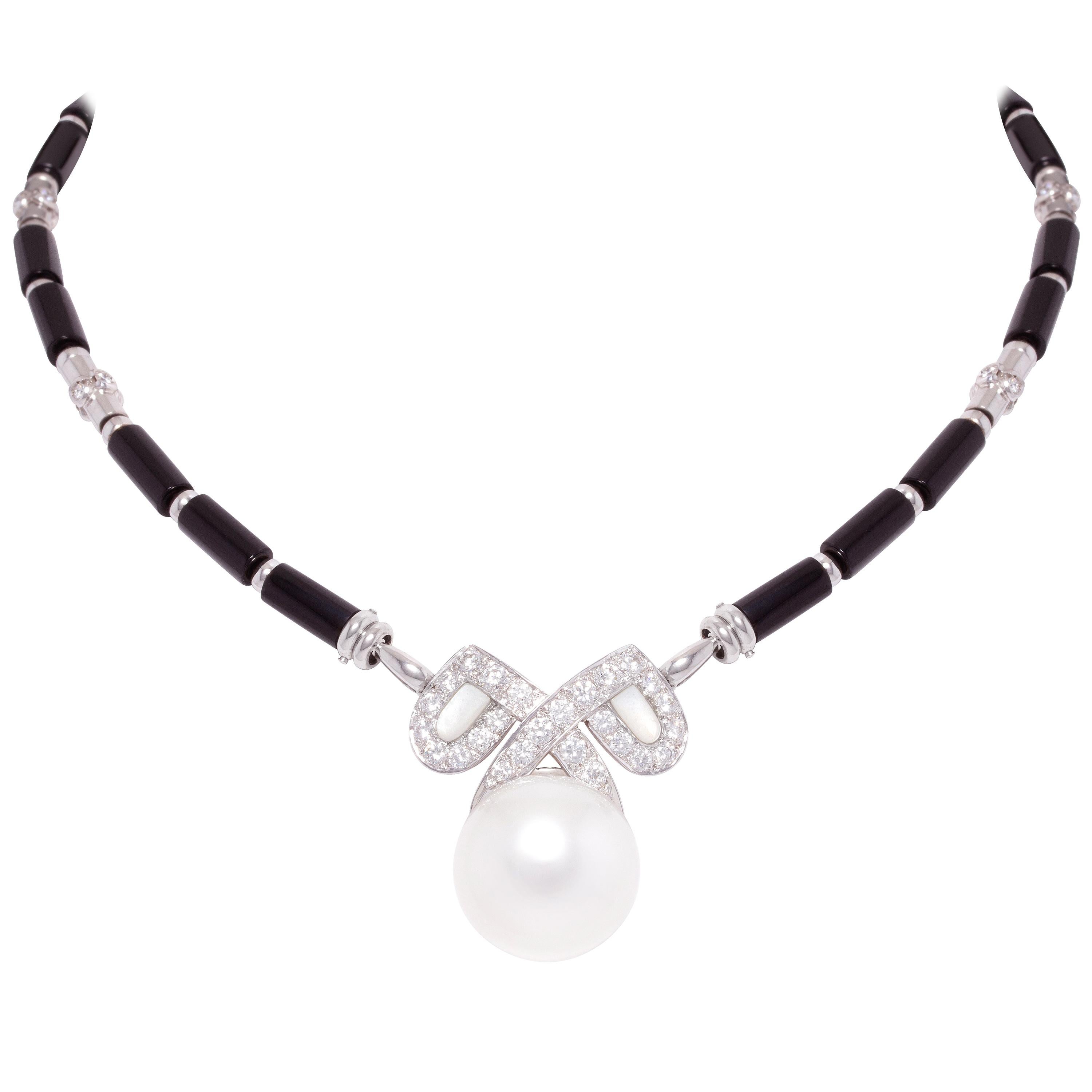 Ella Gafter Pearl Diamond Onyx Necklace For Sale