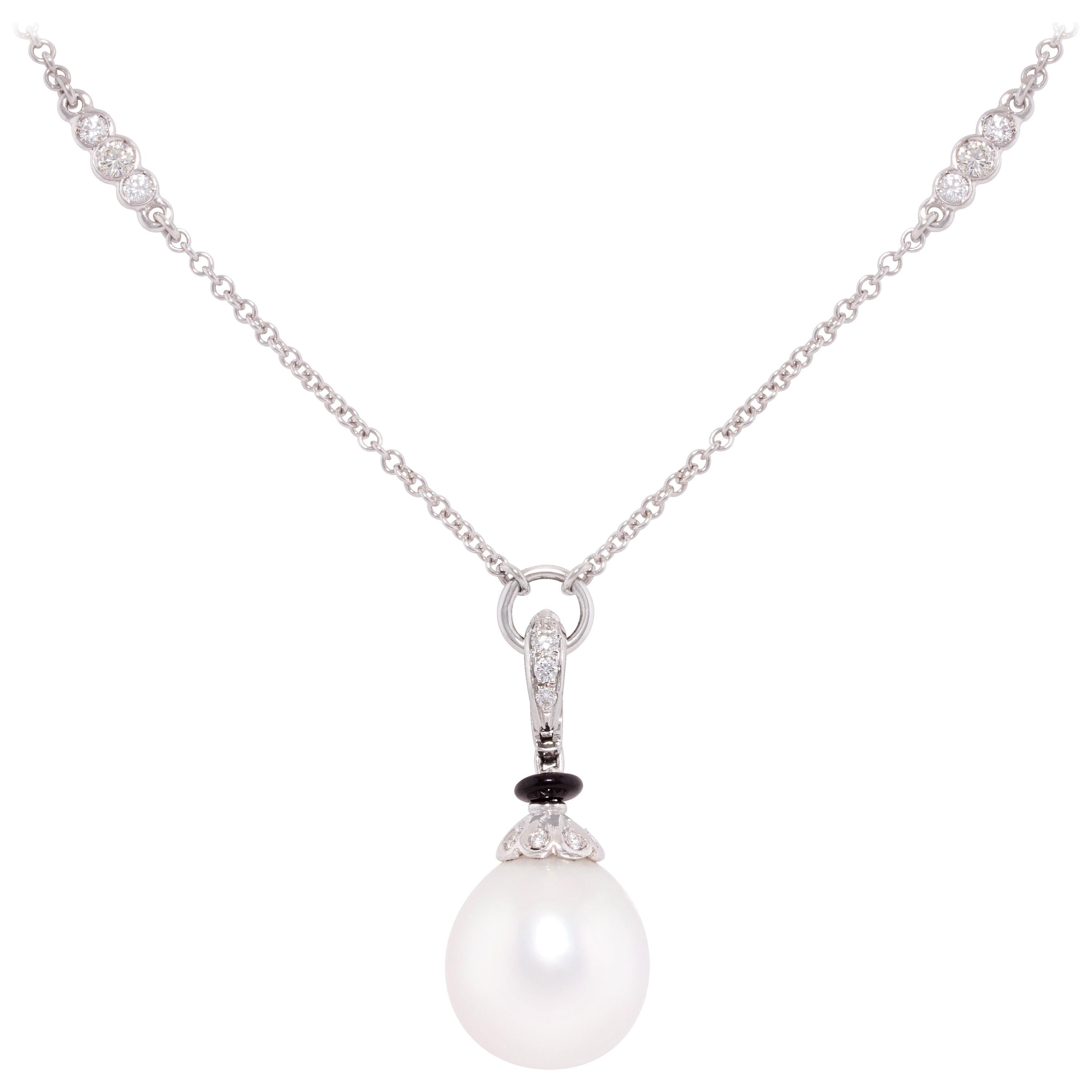 Ella Gafter Pearl Diamond Onyx Pendant Necklace For Sale