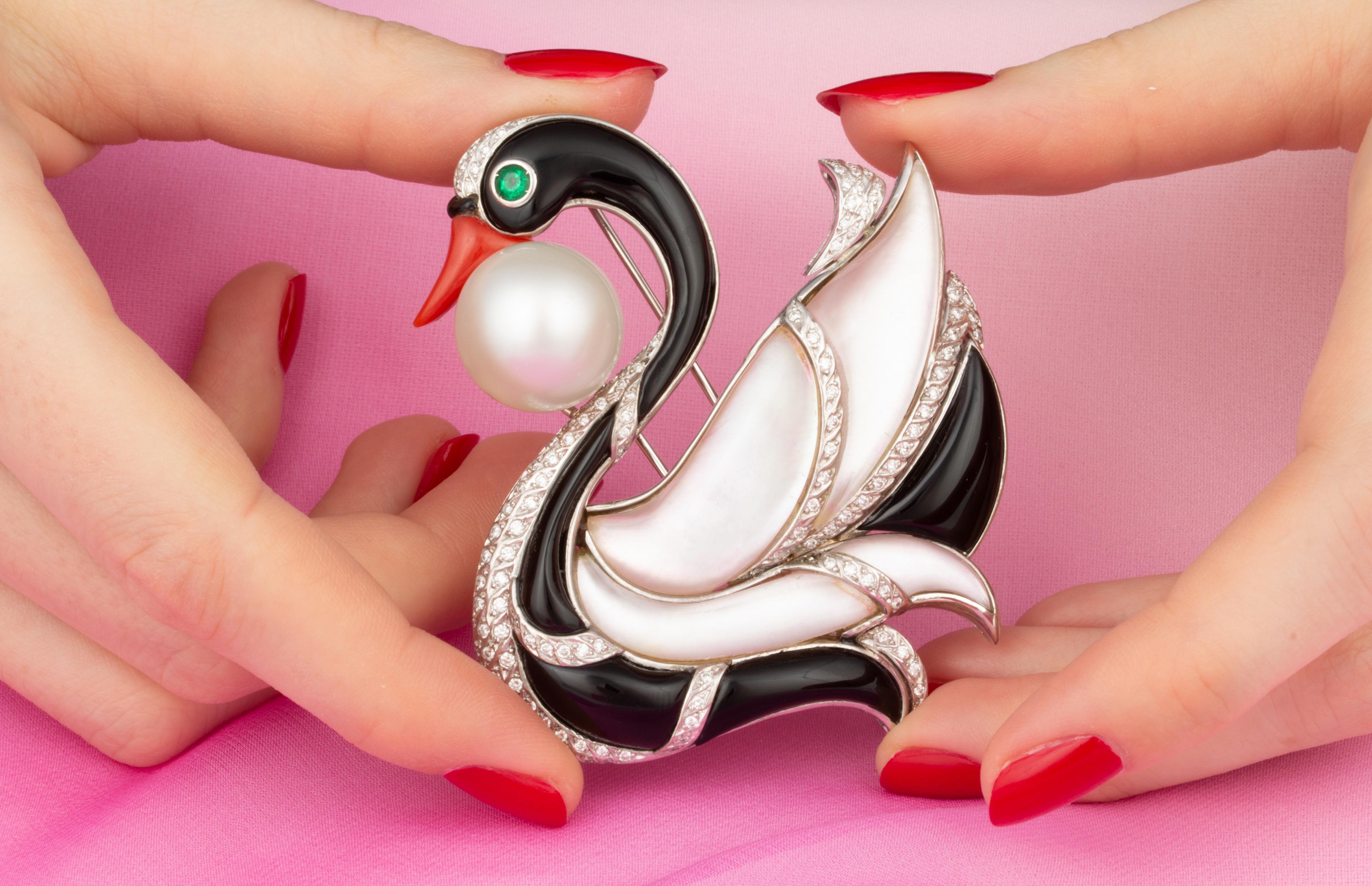 Round Cut Swan Brooch Pin Diamonds 18mm Pearl Onyx Mother-Of-Pearl Design by Ella Gafter For Sale