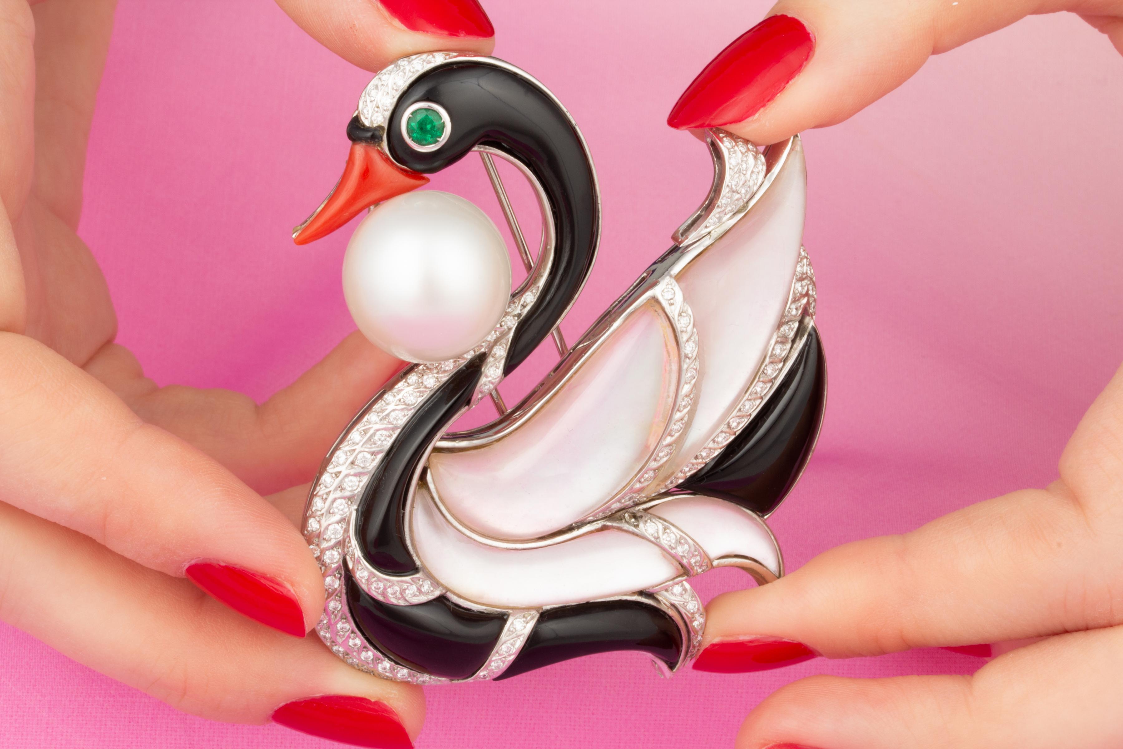 Ella Gafter Swan Diamond 18mm Pearl Pin Brooch   For Sale 1