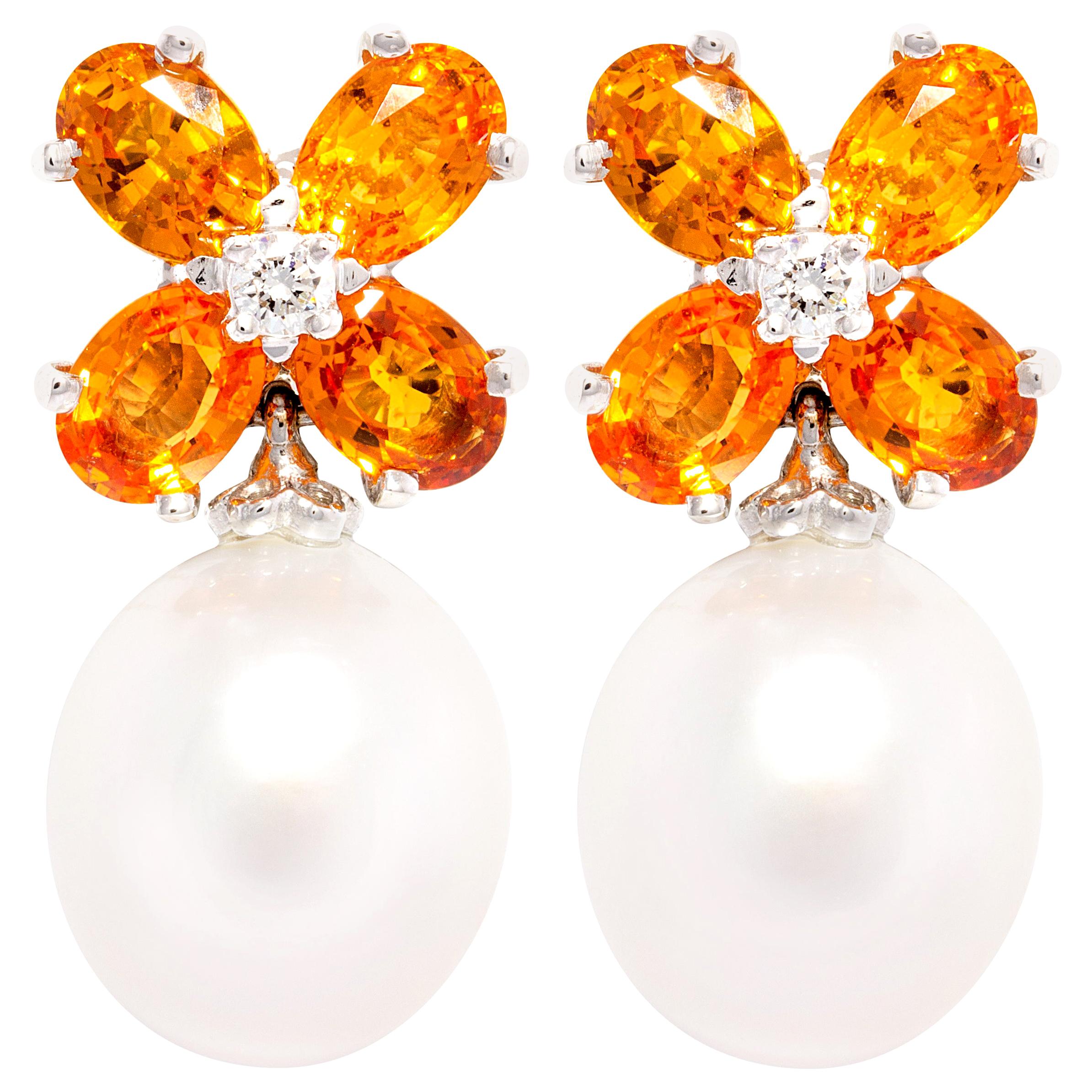 Ella Gafter Pearl Orange Sapphire Diamond Flower Earrings