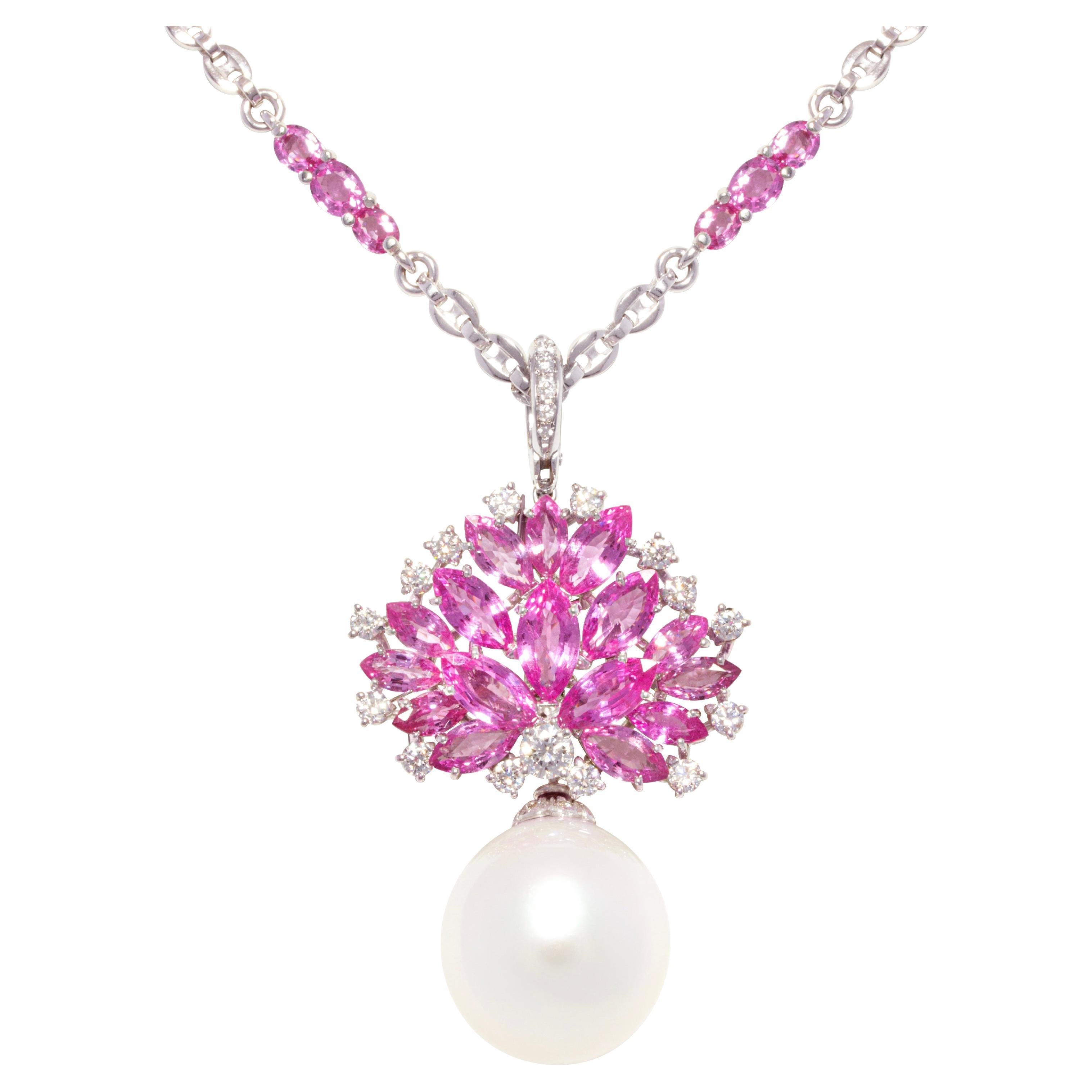 Ella Gafter Pearl Pink Sapphire Diamond Necklace For Sale