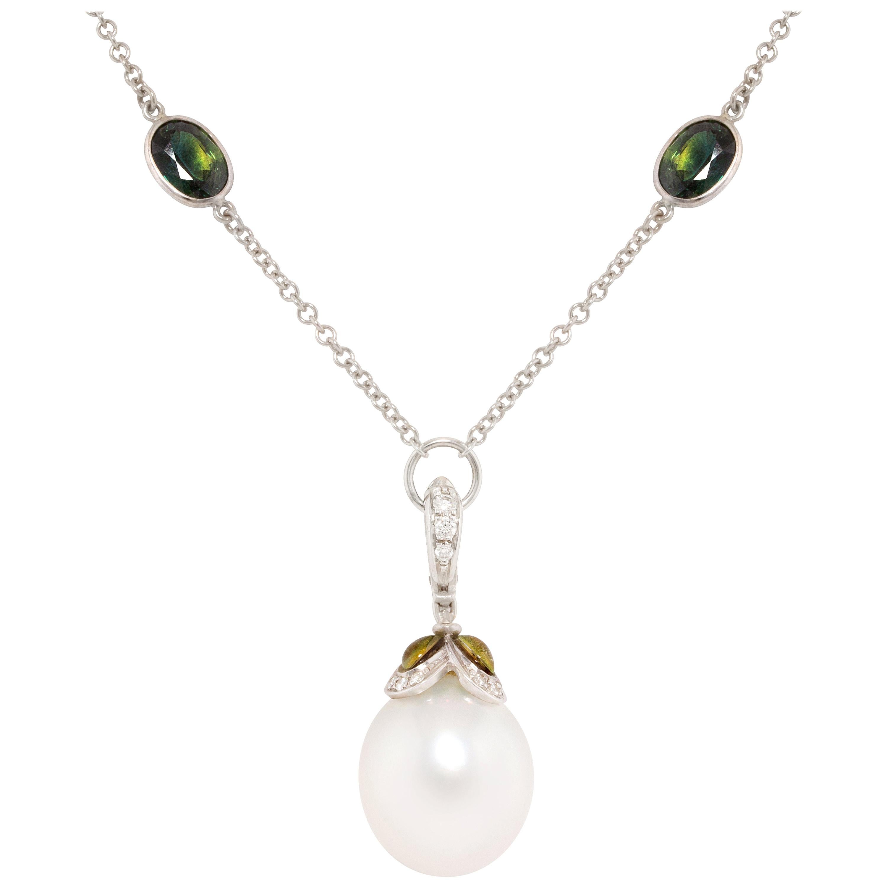 Ella Gafter Pearl Sapphire Diamond Pendant For Sale