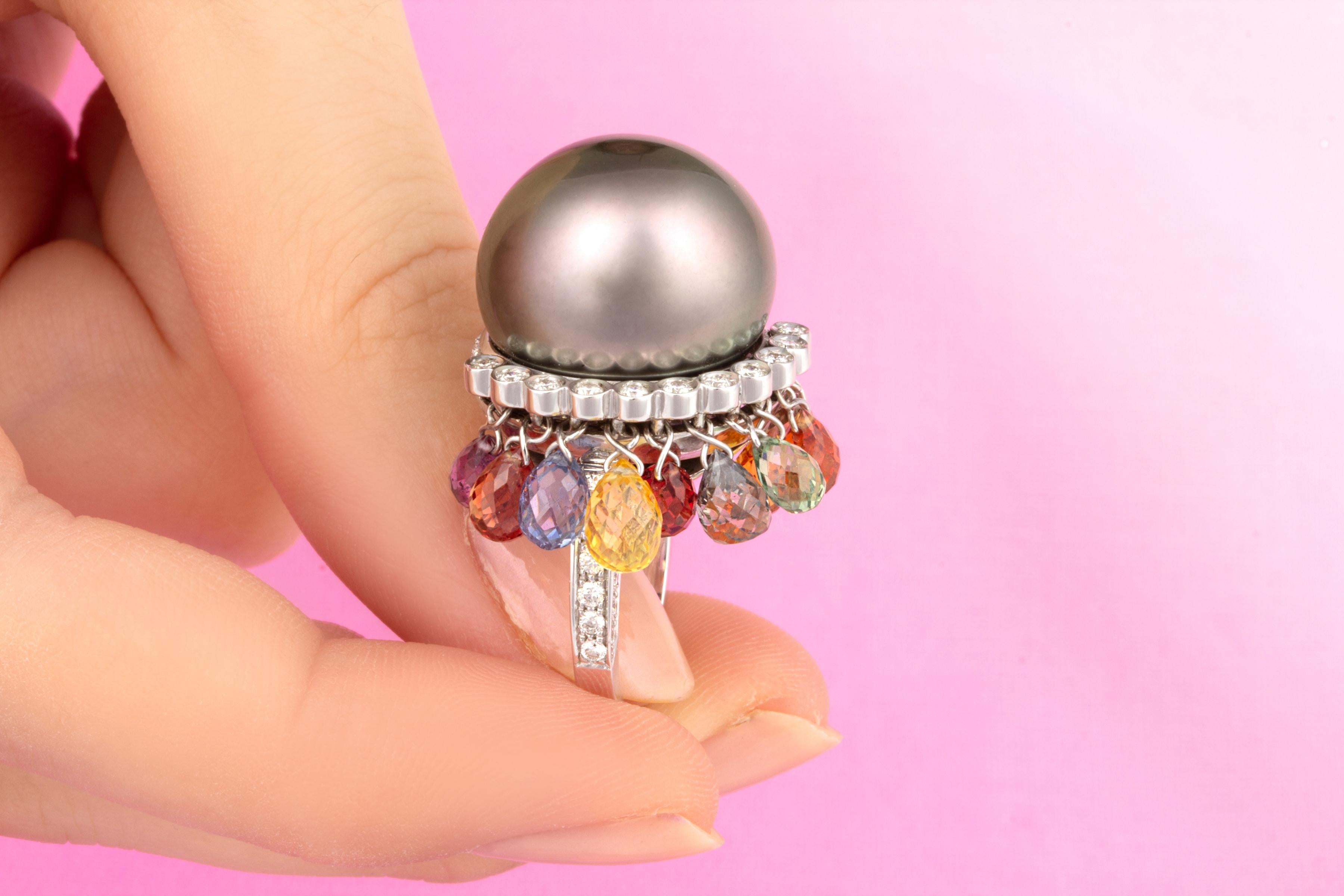 Artist Ella Gafter Pearl Sapphire Diamond Ring For Sale