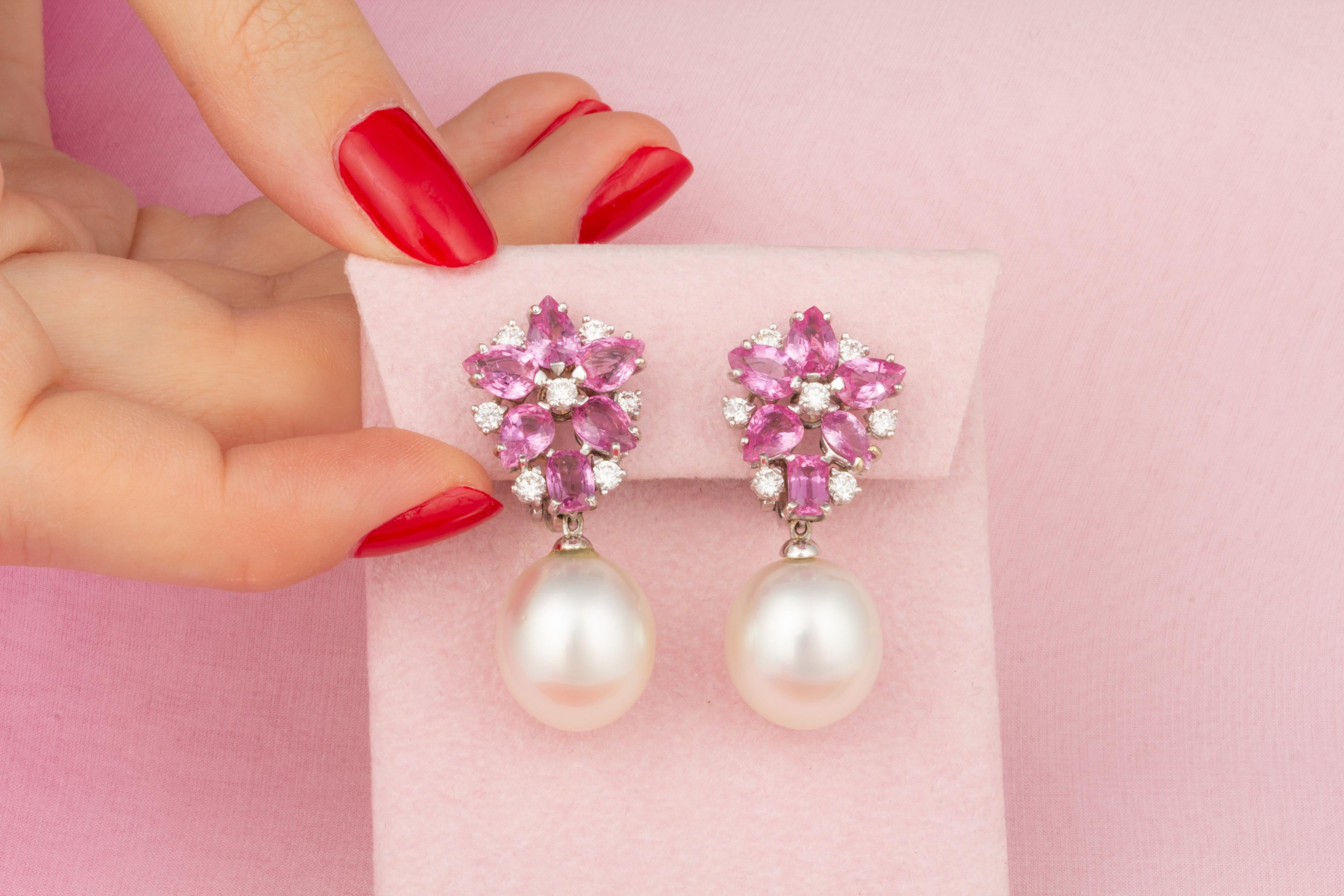 Artist Ella Gafter Pink Sapphire Pearl Diamond Earrings  For Sale