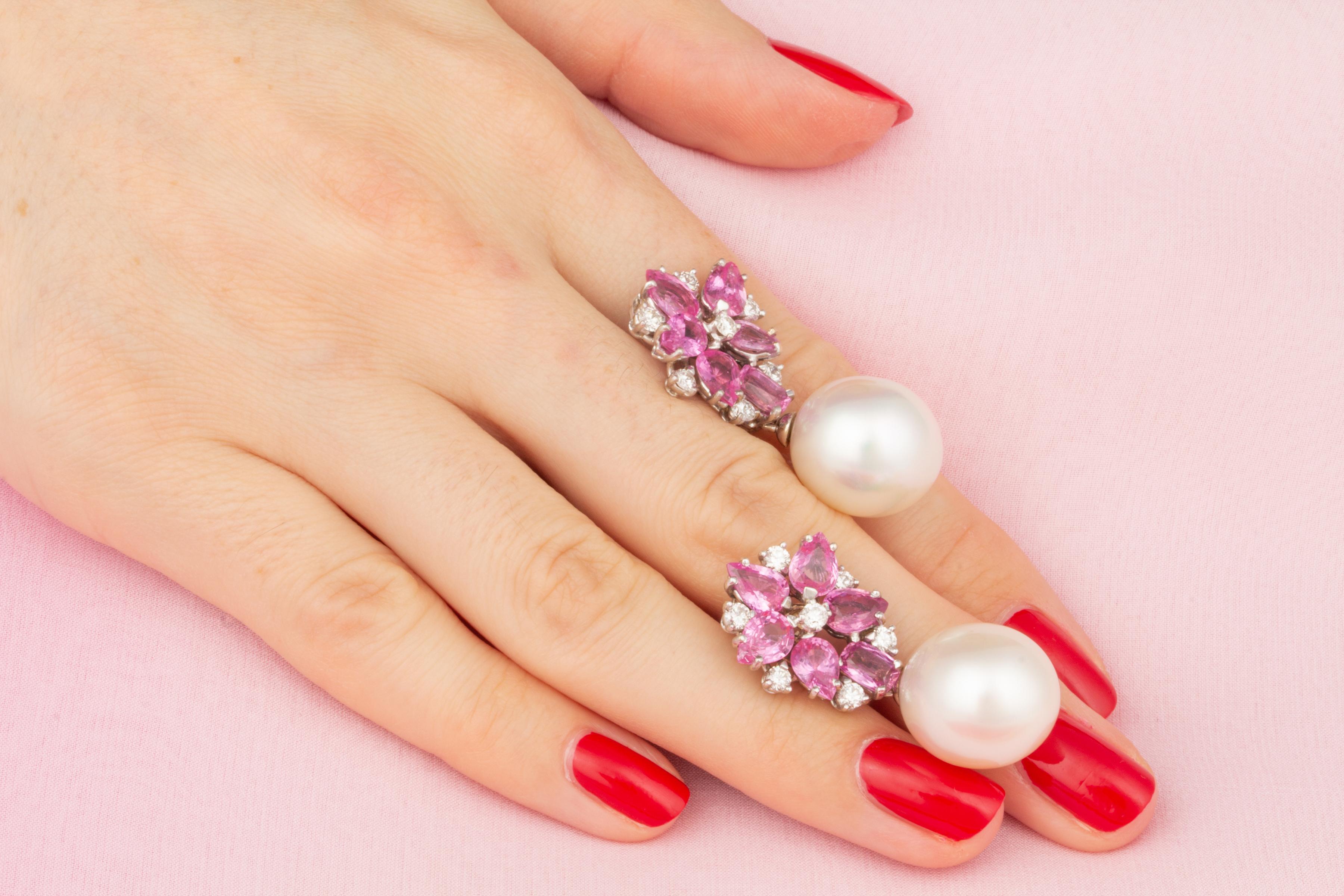 Pear Cut Ella Gafter Pink Sapphire Pearl Diamond Earrings  For Sale