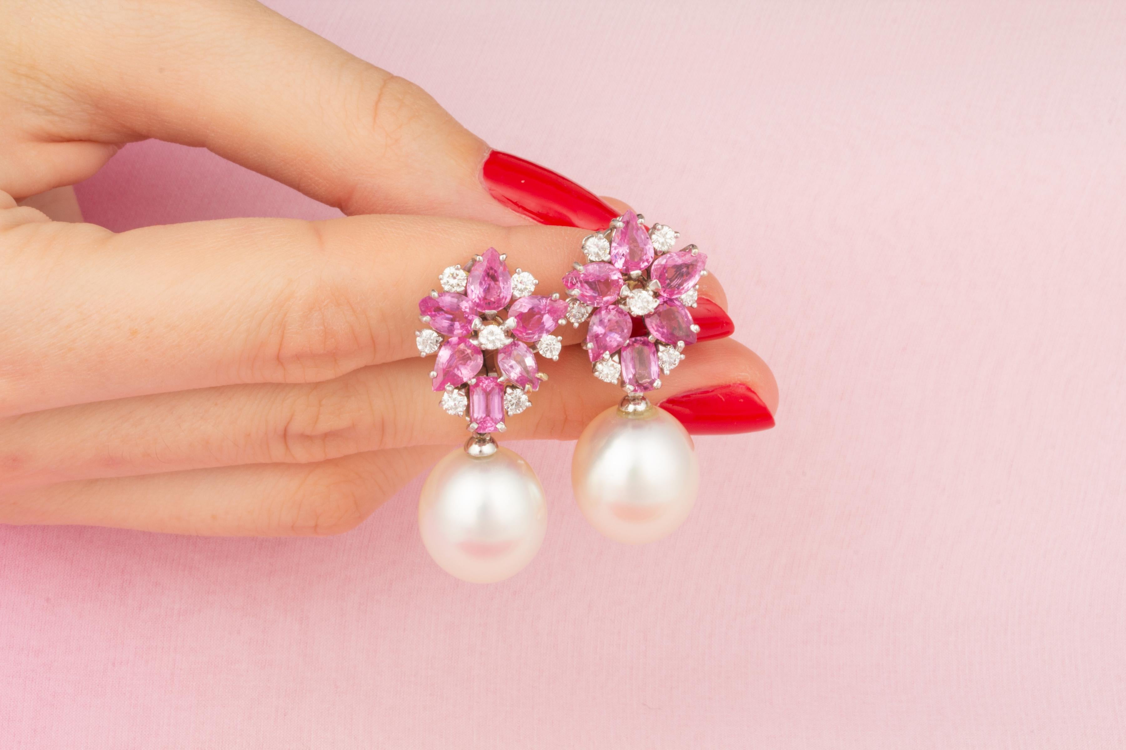 Pink Sapphire South Sea Pearl Drop Earrings Design by Ella Gafter In New Condition For Sale In New York, NY