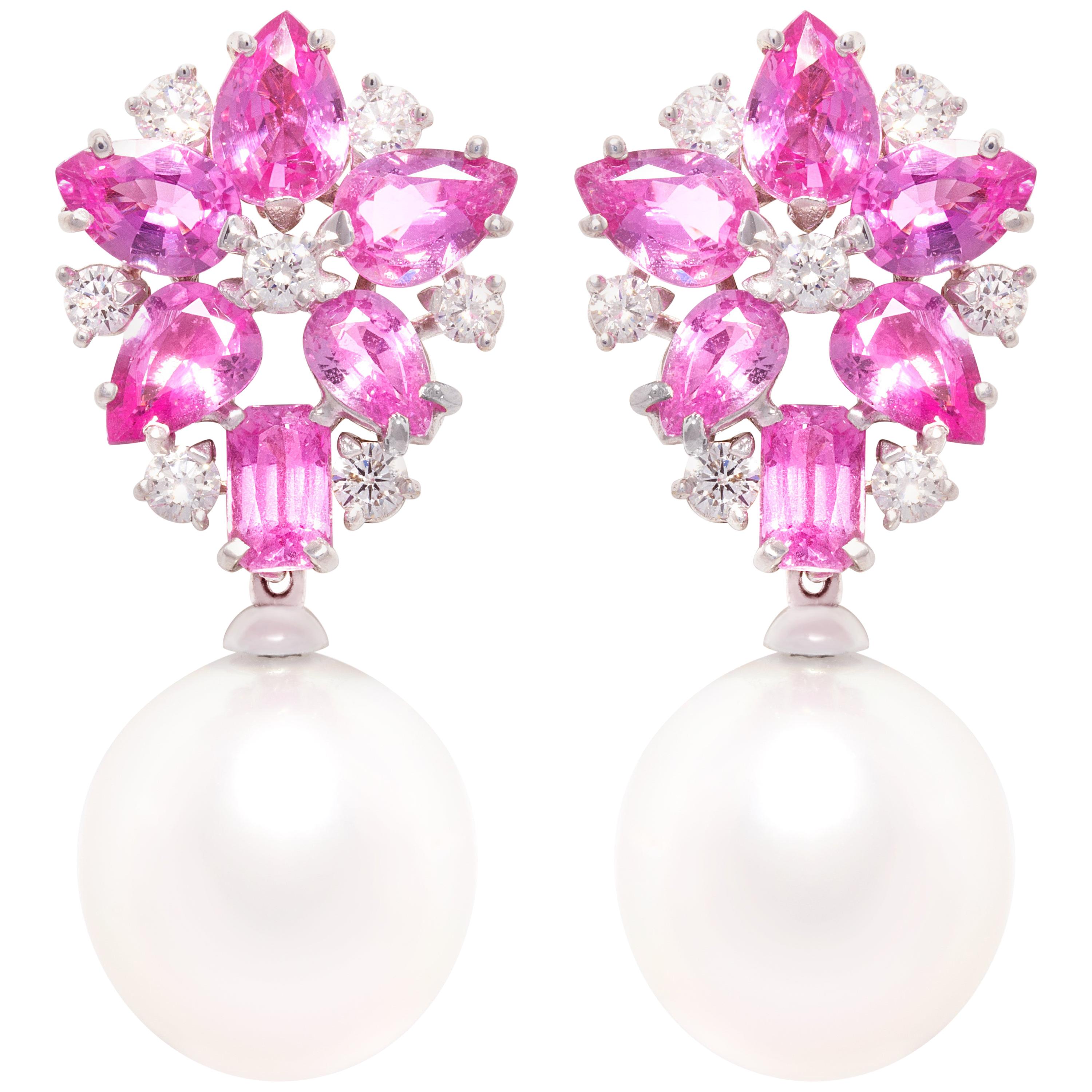 Pink Sapphire South Sea Pearl Drop Earrings Design by Ella Gafter For Sale
