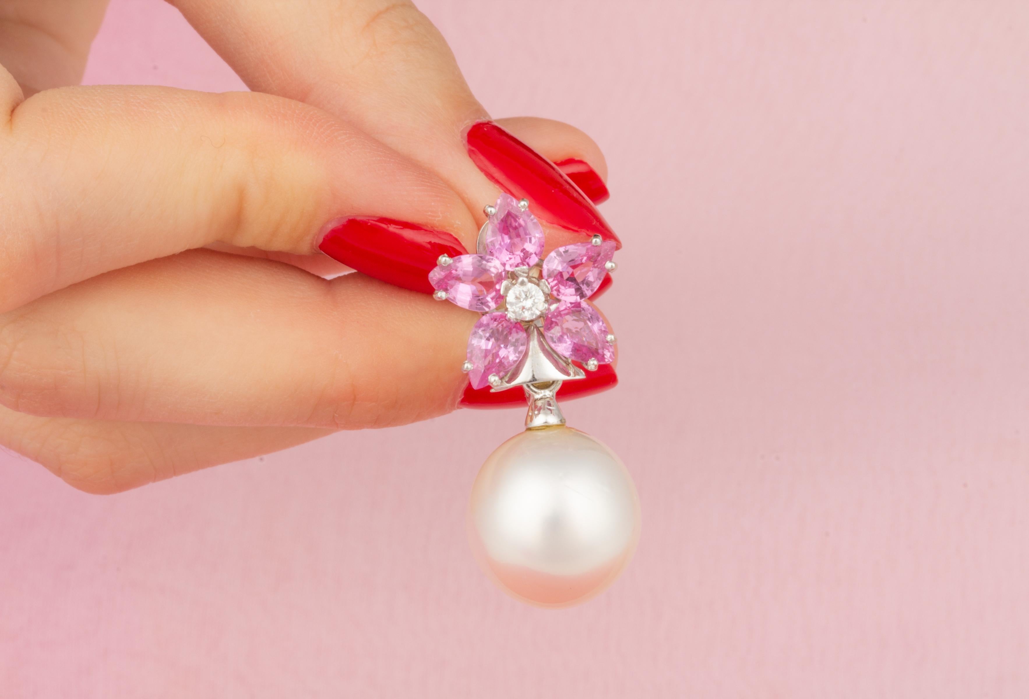 Women's Pink Sapphire South Sea Pearl Diamond Drop Earrings Flower Design by Ella Gafter For Sale