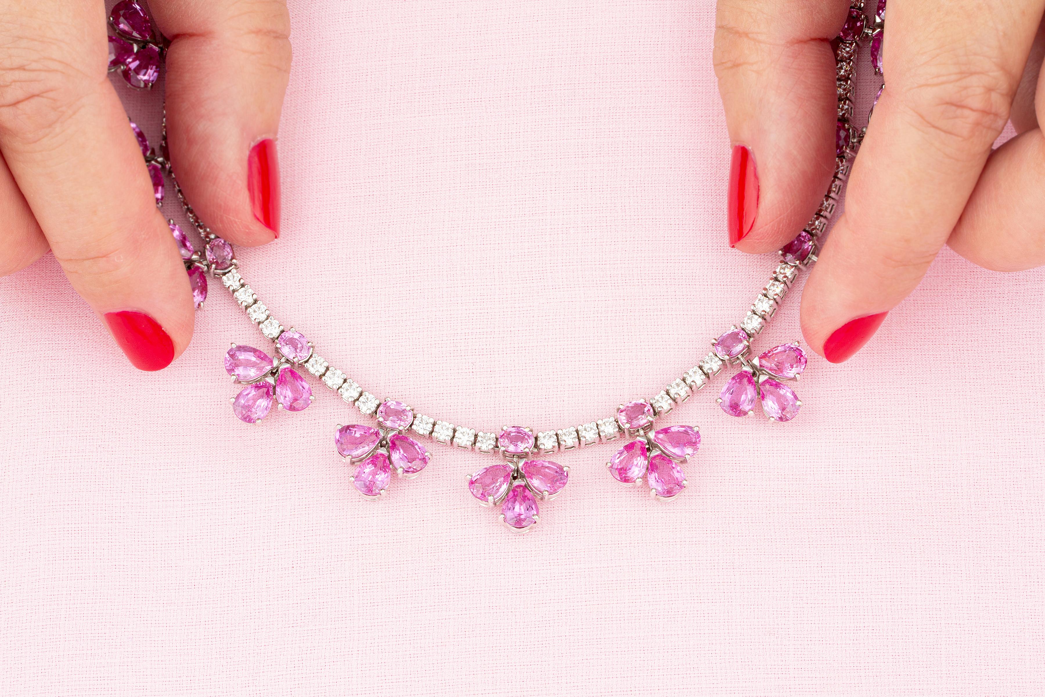 Artist Ella Gafter Pink Sapphire Diamond Flower Necklace Earrings  For Sale