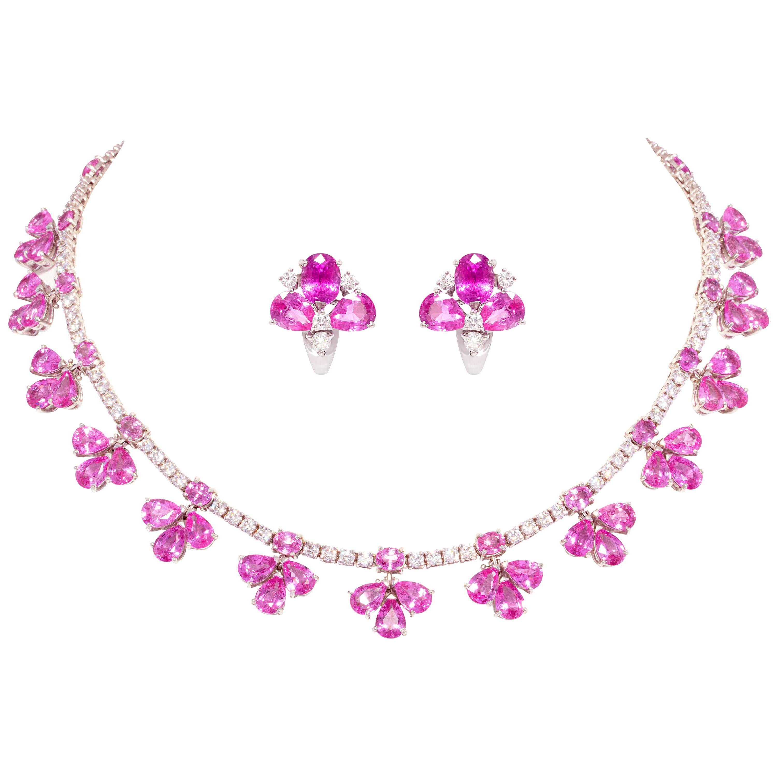 Ella Gafter Pink Sapphire Diamond Flower Necklace Earrings  For Sale