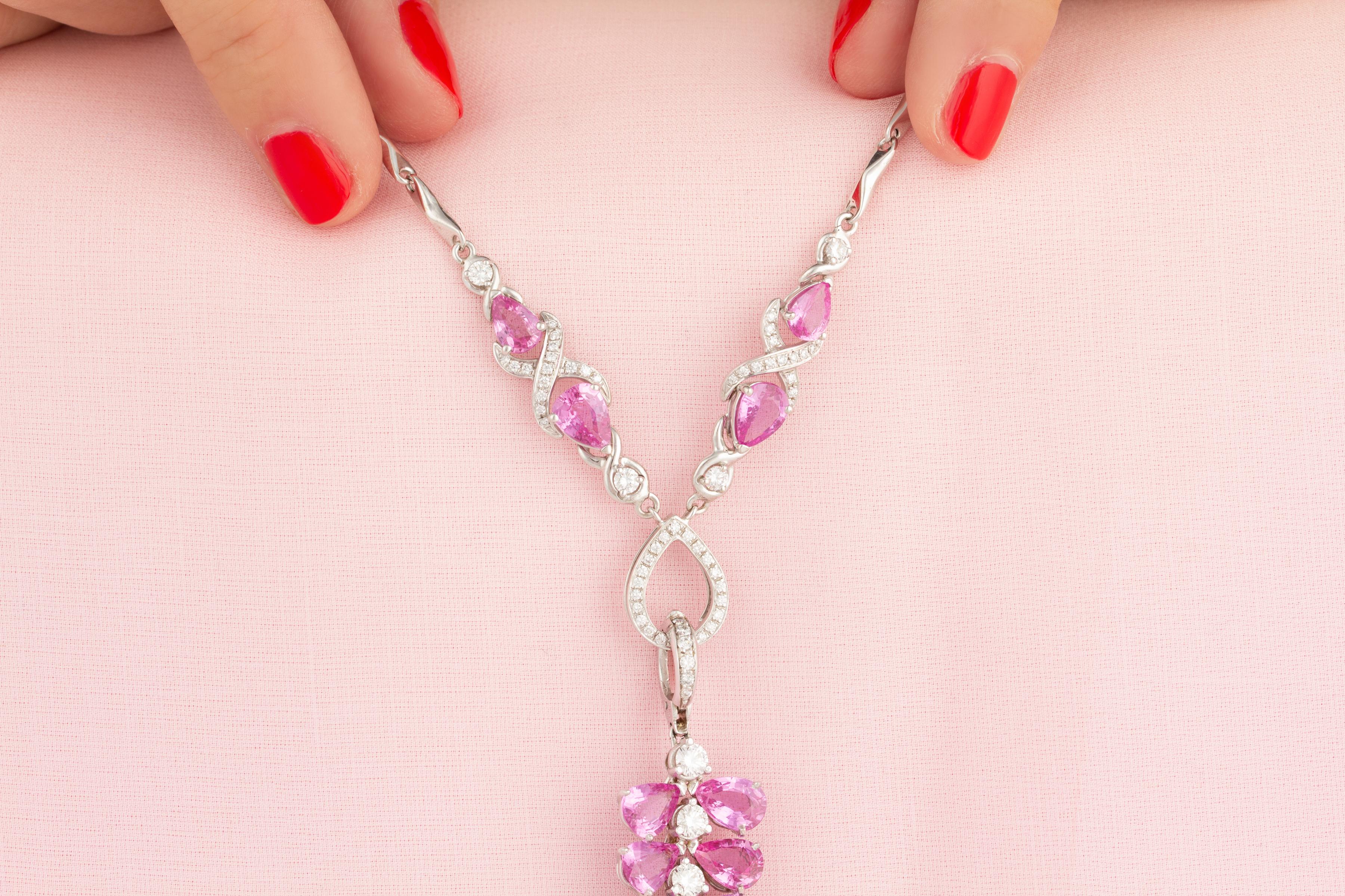 Contemporary Ella Gafter Pink Sapphire Diamond Pearl Pendant Necklace For Sale