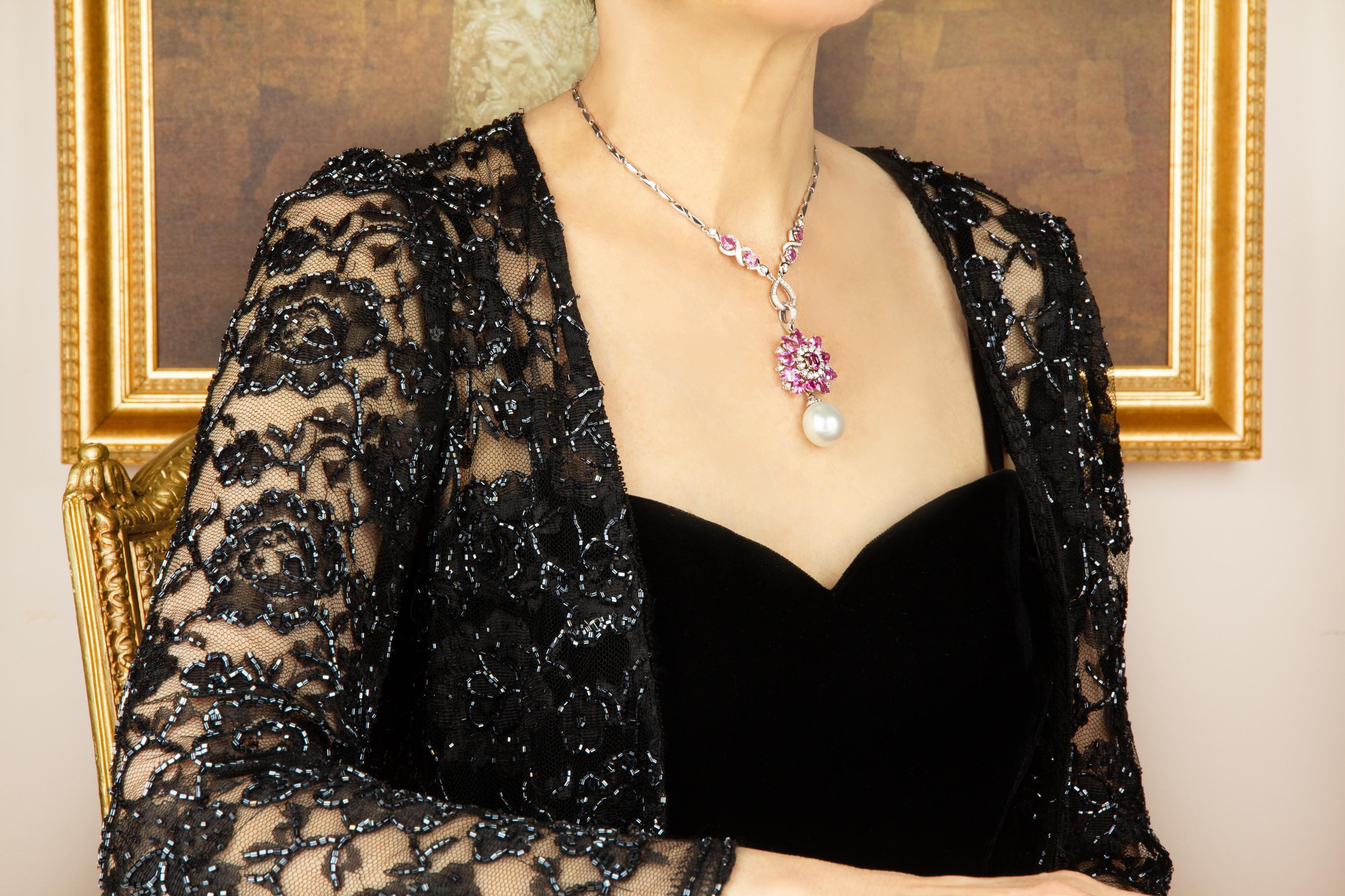 Brilliant Cut Pink Sapphire Diamond Pearl Pendant Necklace Design by Ella Gafter For Sale
