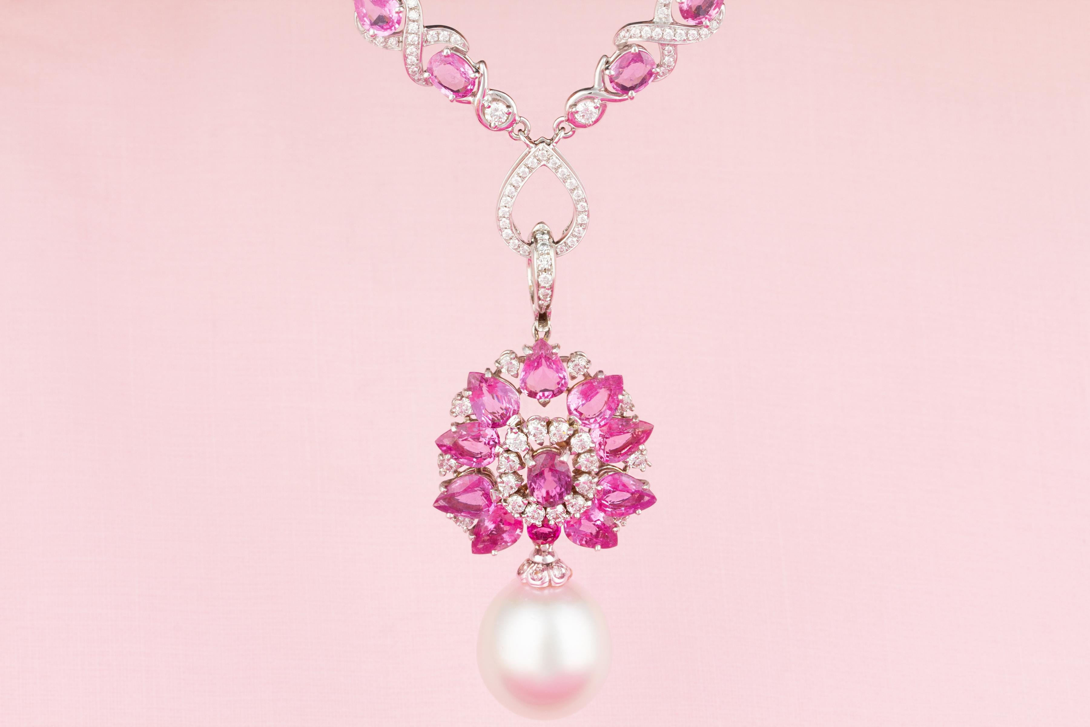 Ella Gafter Pink Sapphire Diamond Pearl  Pendant Necklace For Sale 1