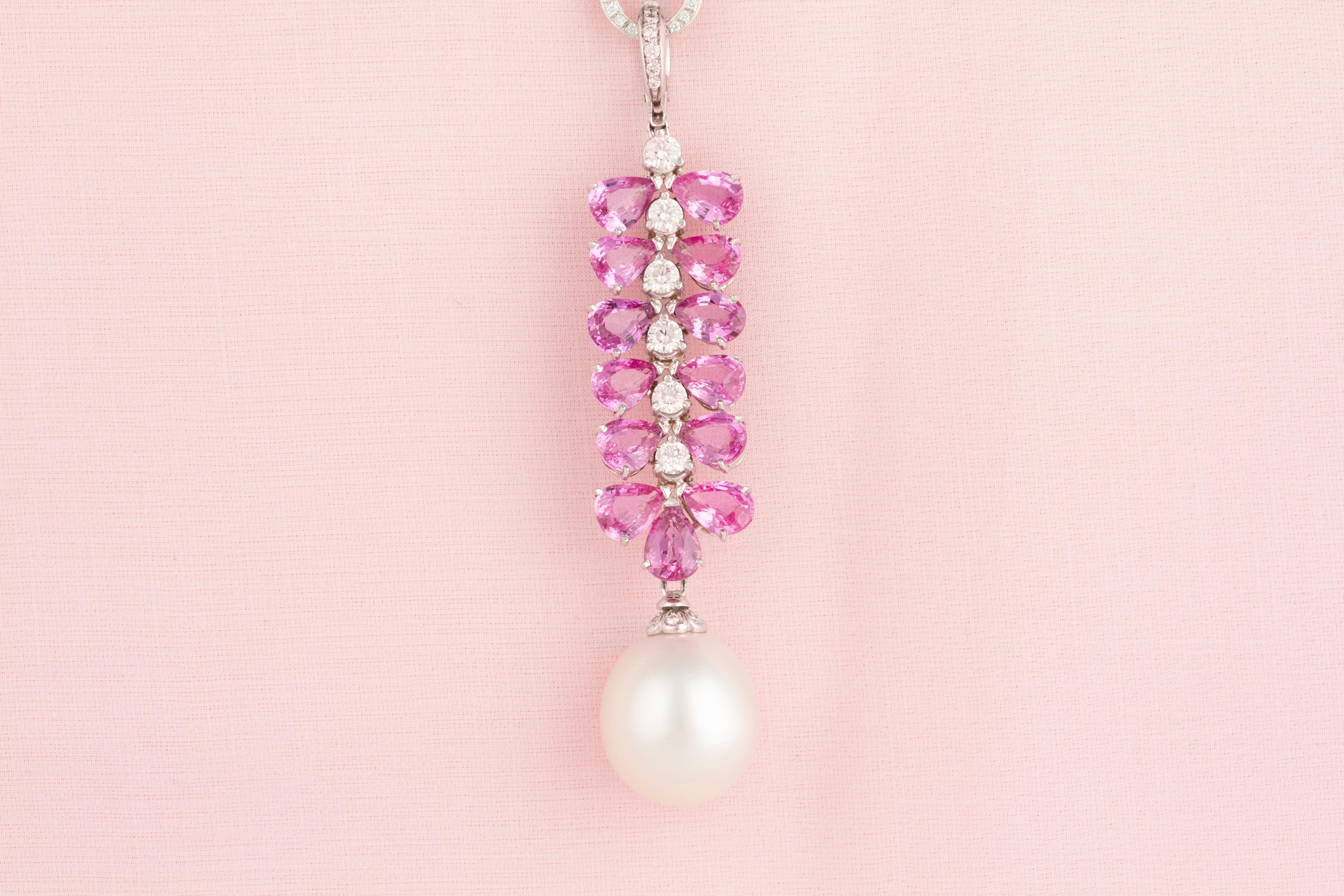 Ella Gafter Collier pendentif saphir rose, diamant et perle en vente 1